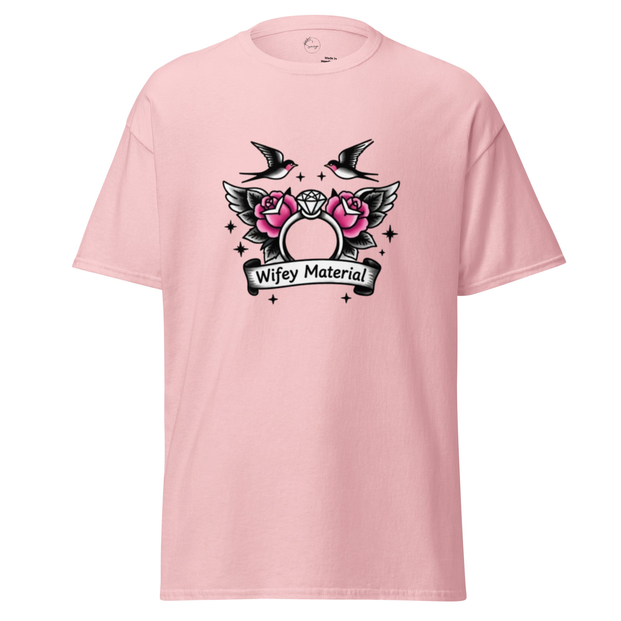 Pink t-shirt with graphic design and text on a white background