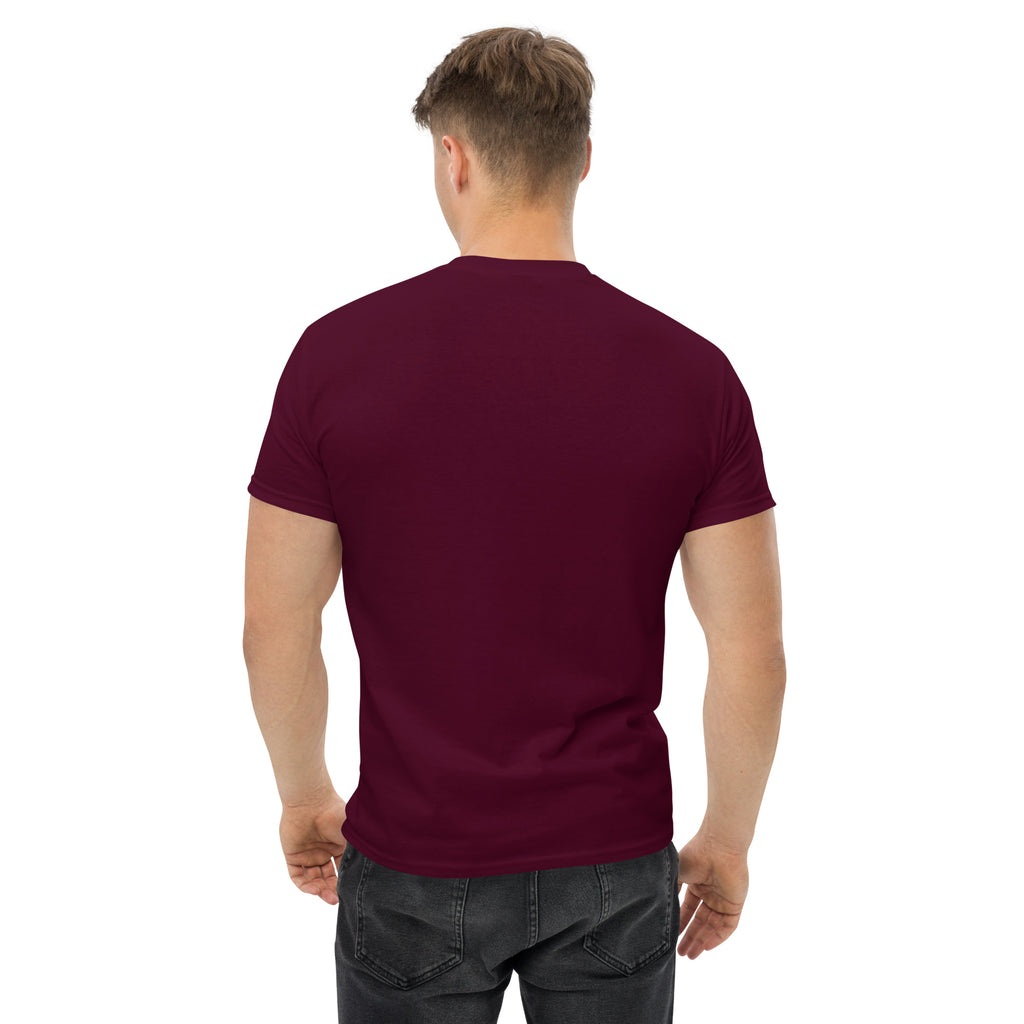 Man wearing a maroon t-shirt on a white background