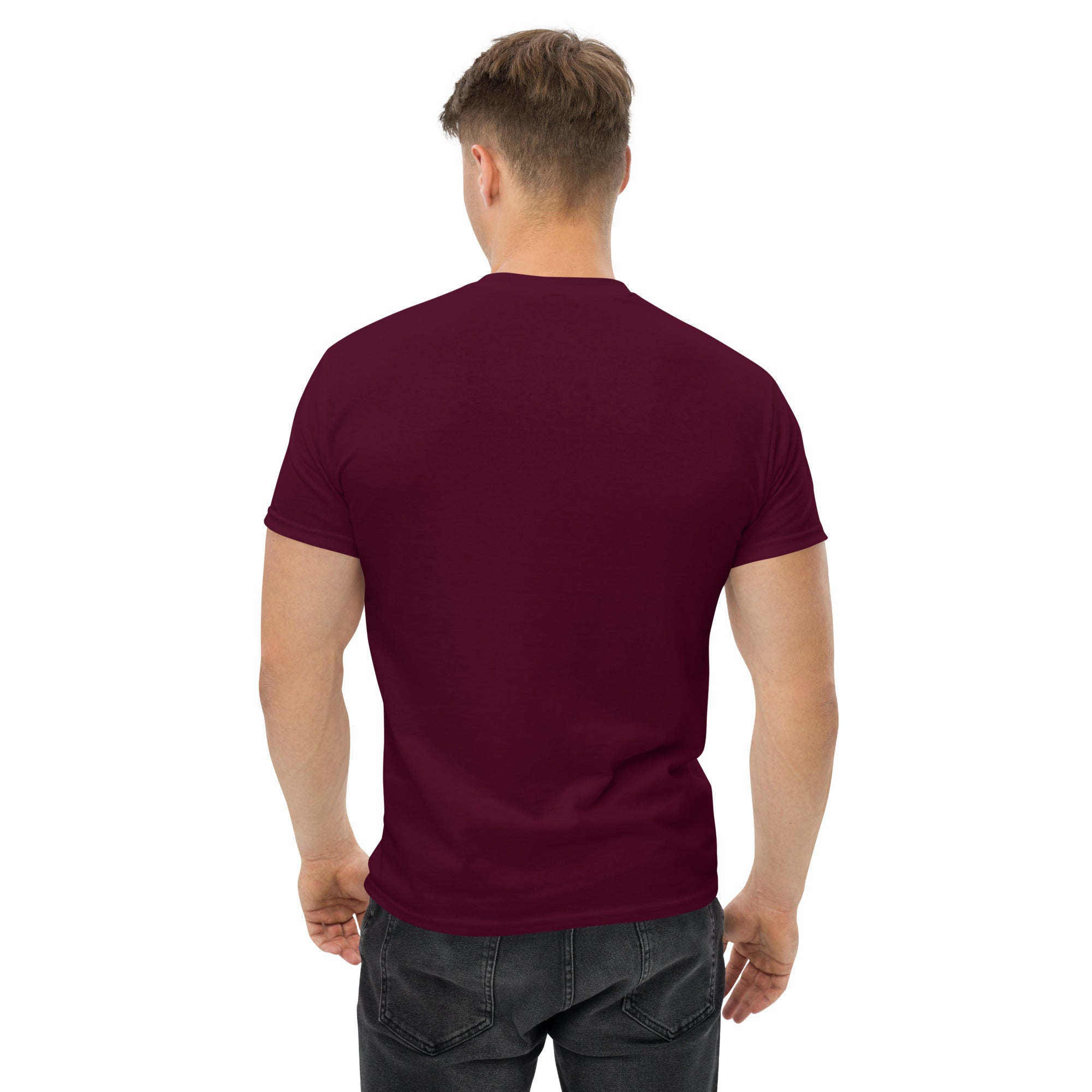 Man wearing a maroon t-shirt on a white background