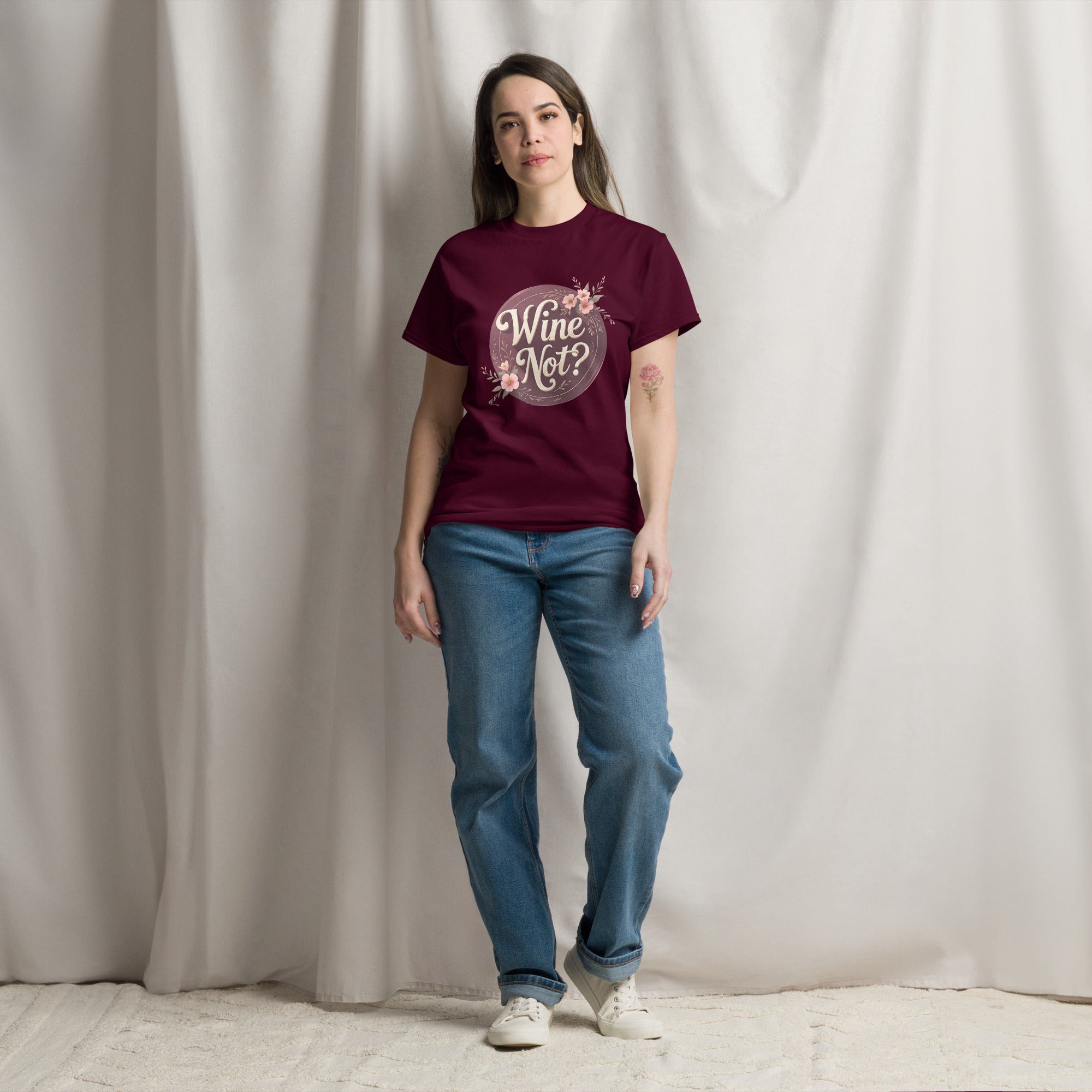 Front view of Wine Not? slogan T-shirt by Savage Cotton, in dusty rose with cream print, styled casually for summer