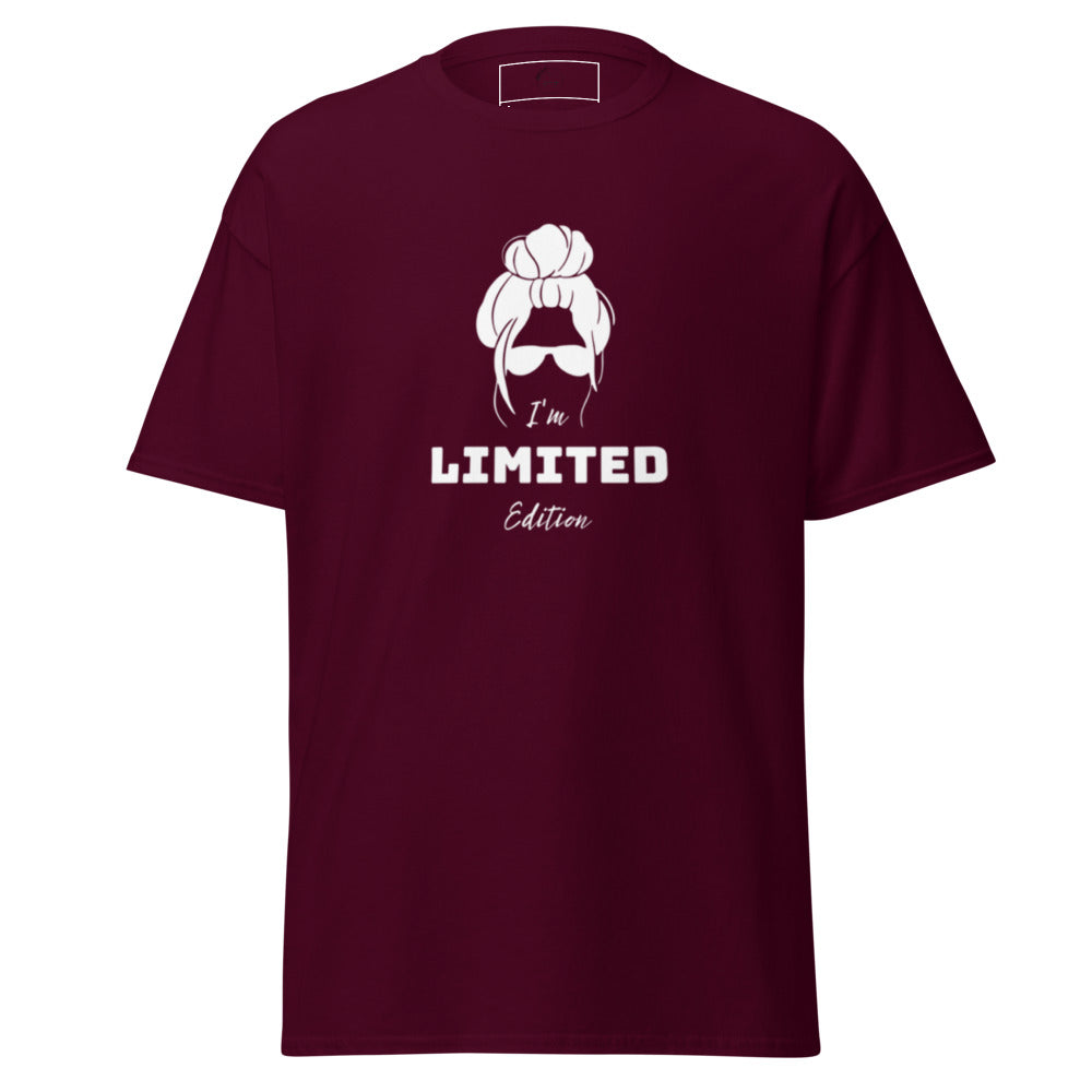 Maroon t-shirt with white graphic and text on a white background