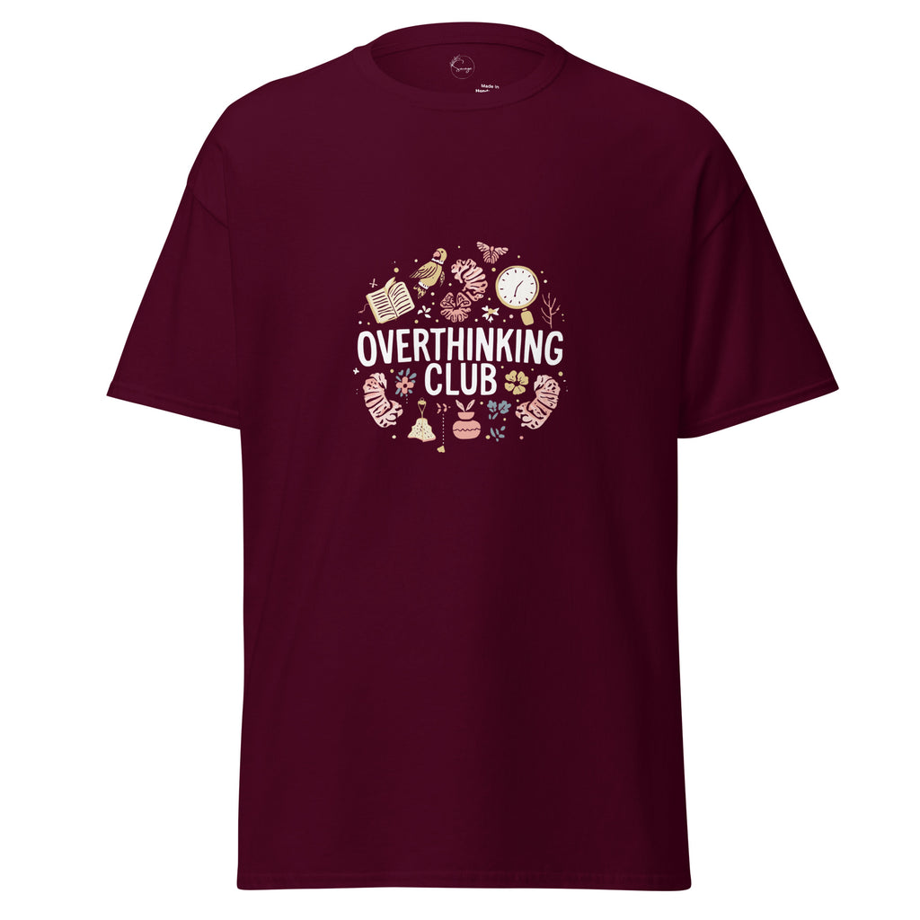 Maroon t-shirt with 'Overthinking Club' graphic design on a white background