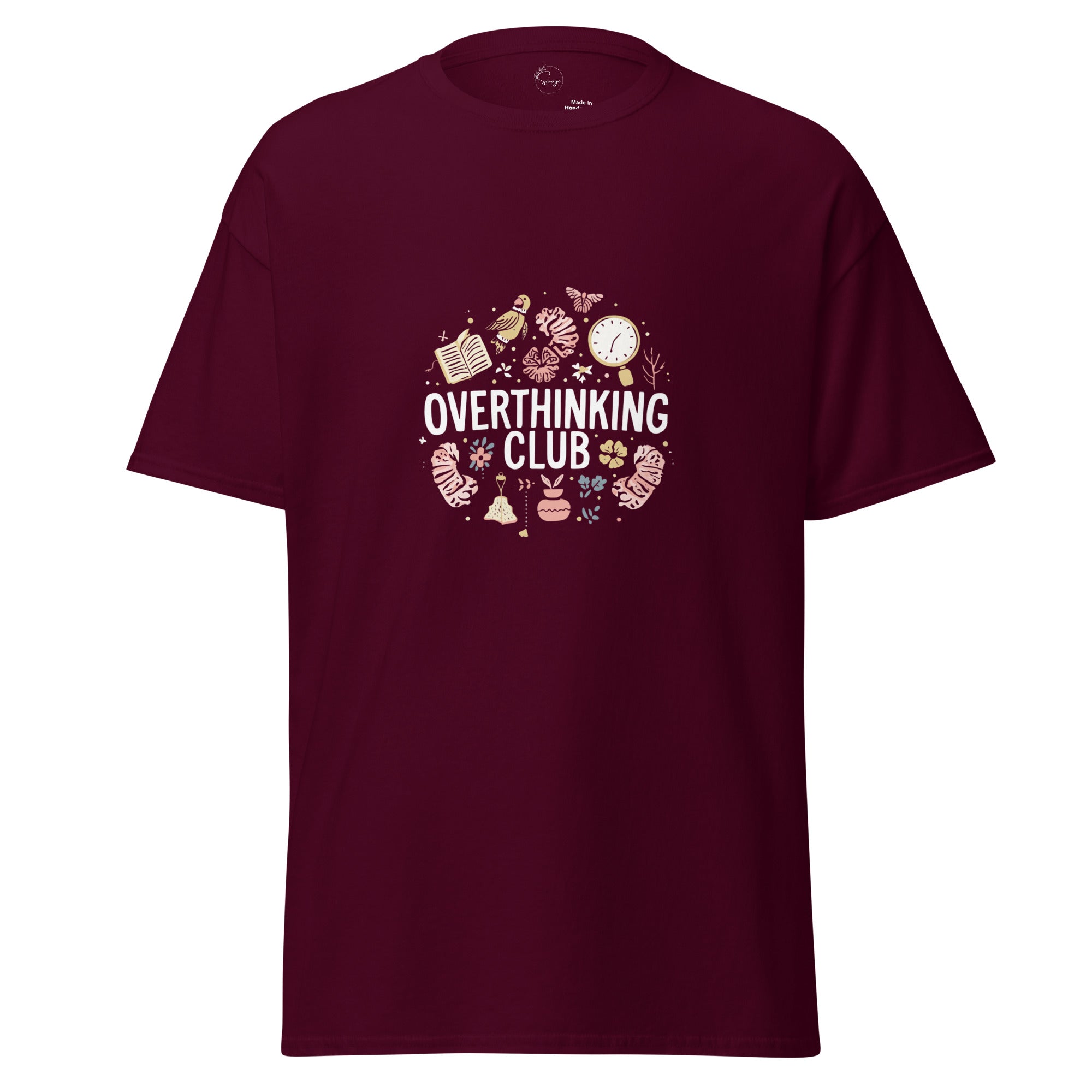 Maroon t-shirt with 'Overthinking Club' graphic design on a white background