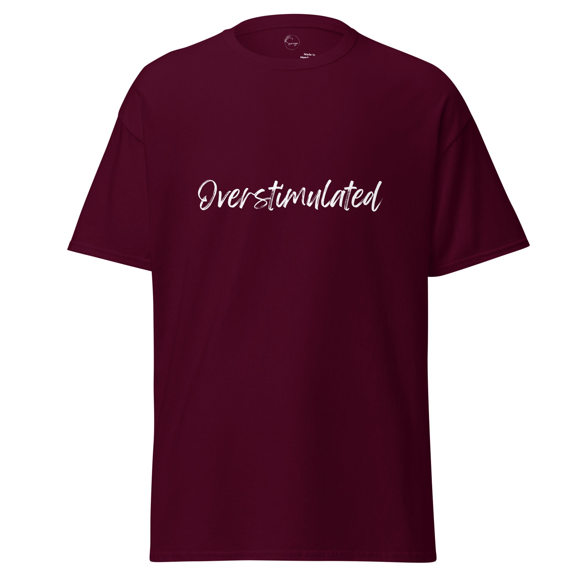 Oversized Overstimulated t-shirt styled casually, expressive mental health slogan fashion