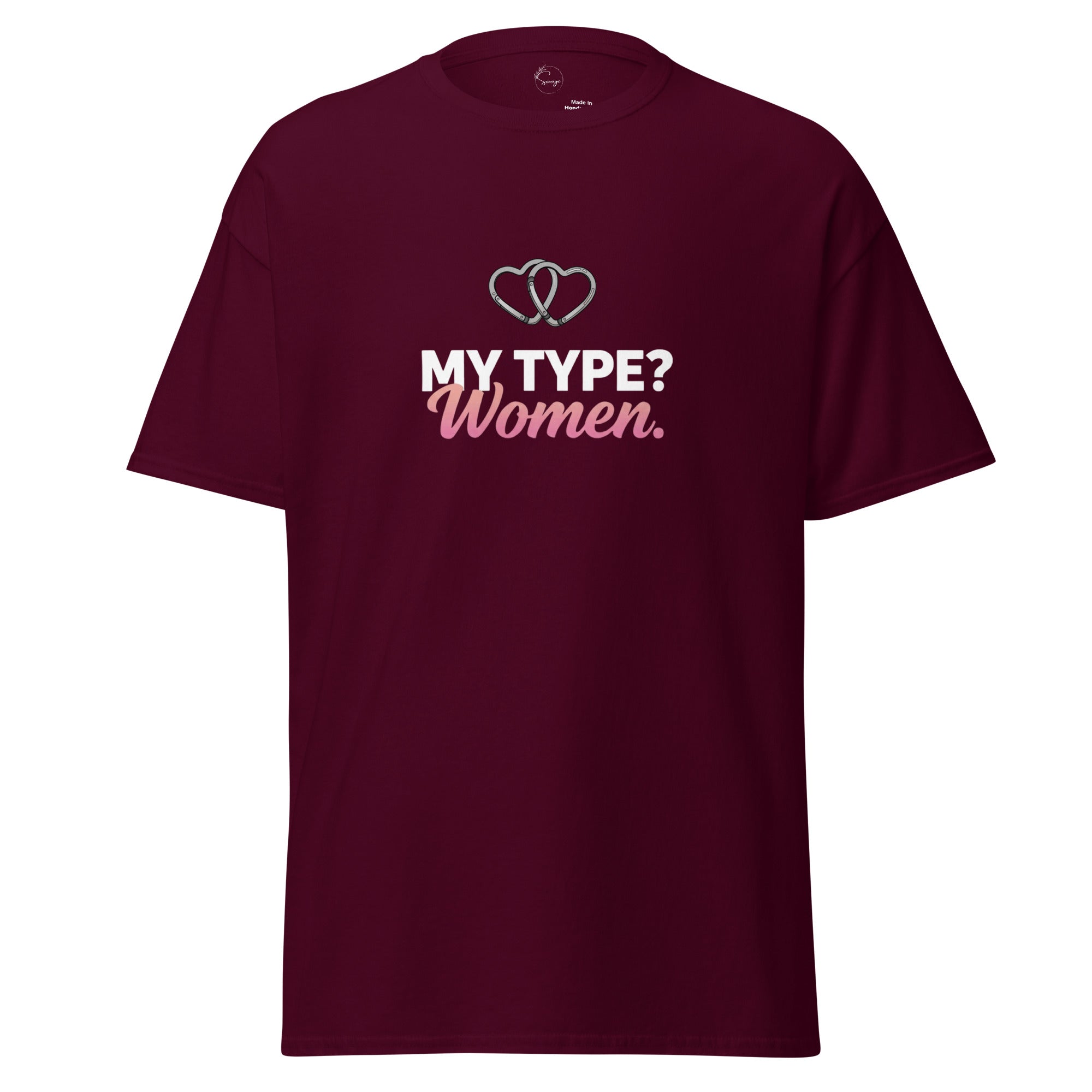 Maroon t-shirt with a small logo on the chest against a white background