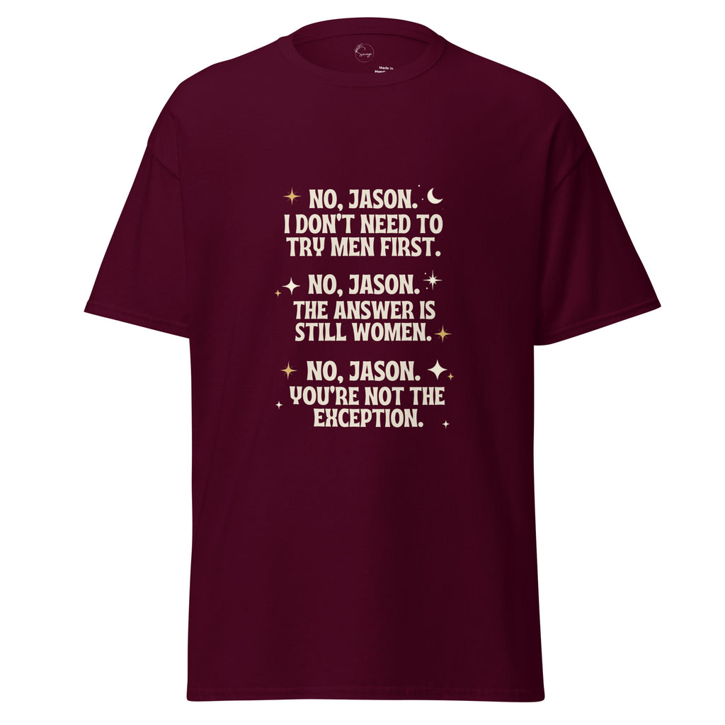 Black t-shirt with white graphic design and text on a white background