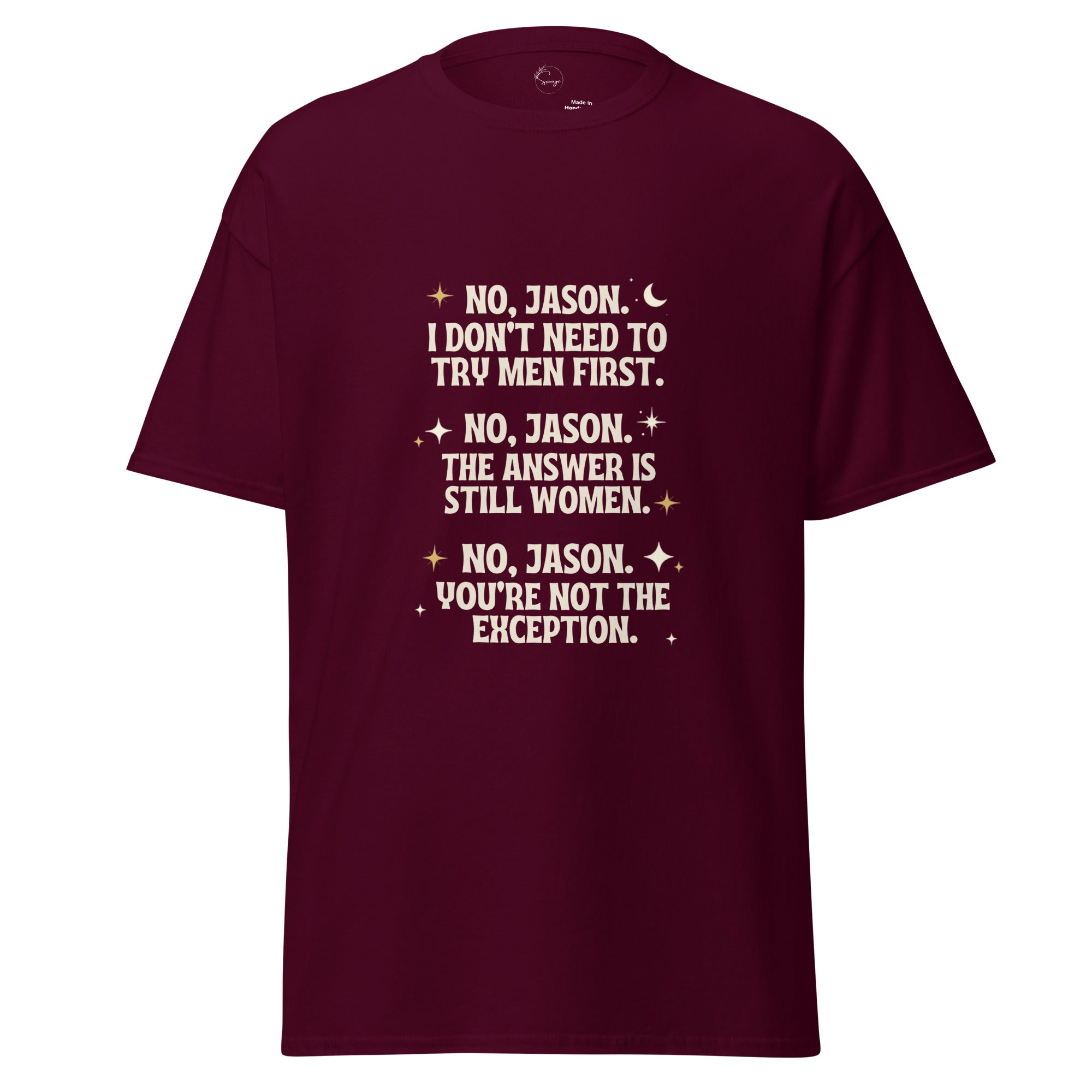 Black t-shirt with white graphic design and text on a white background