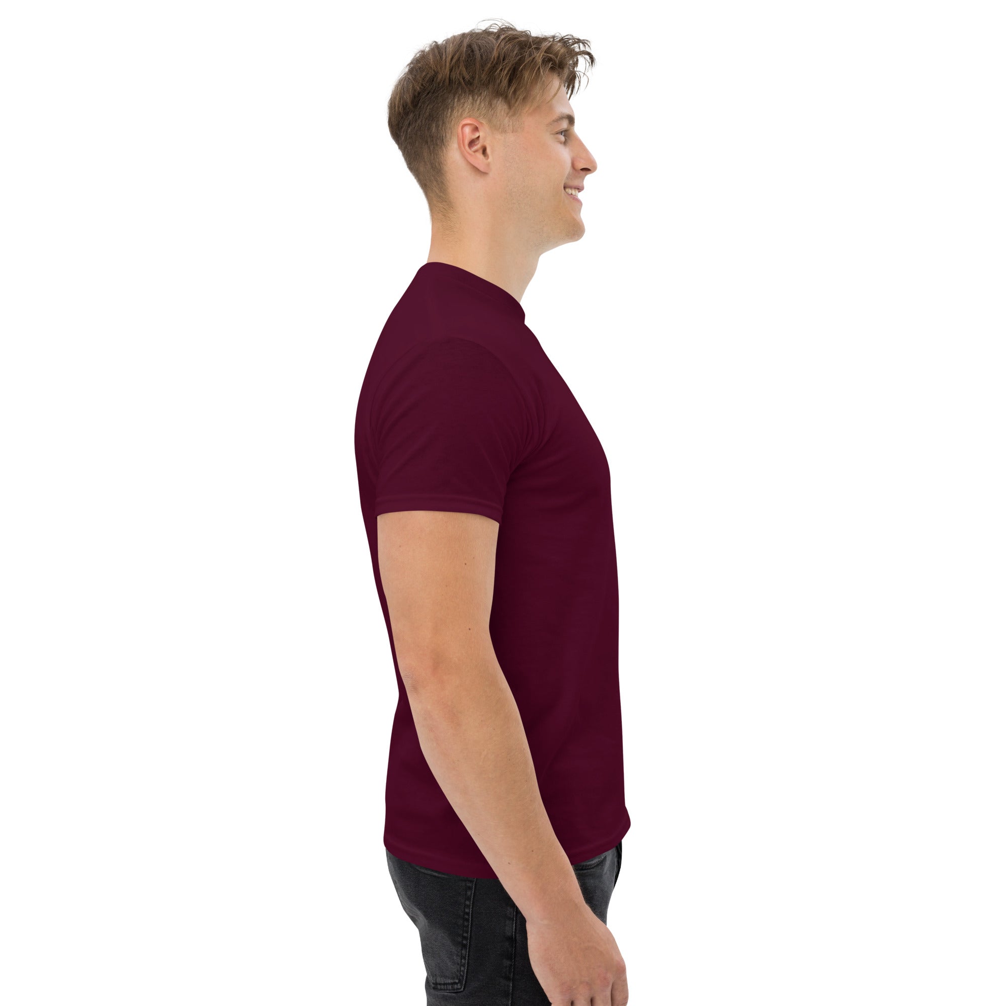 Man wearing a maroon t-shirt on a white background