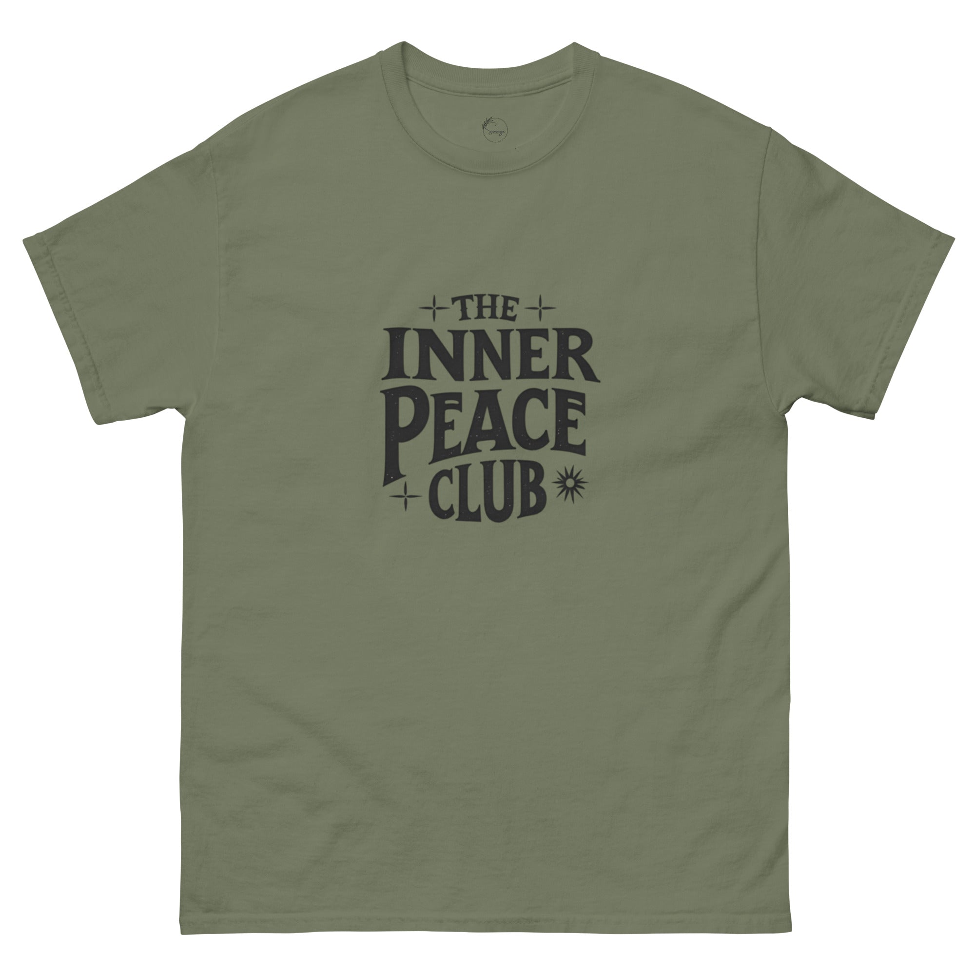 Flat lay of a cream-colored “The Inner Peace Club” t-shirt with soft lettering, styled with pastel accessories and cozy neutral tones.