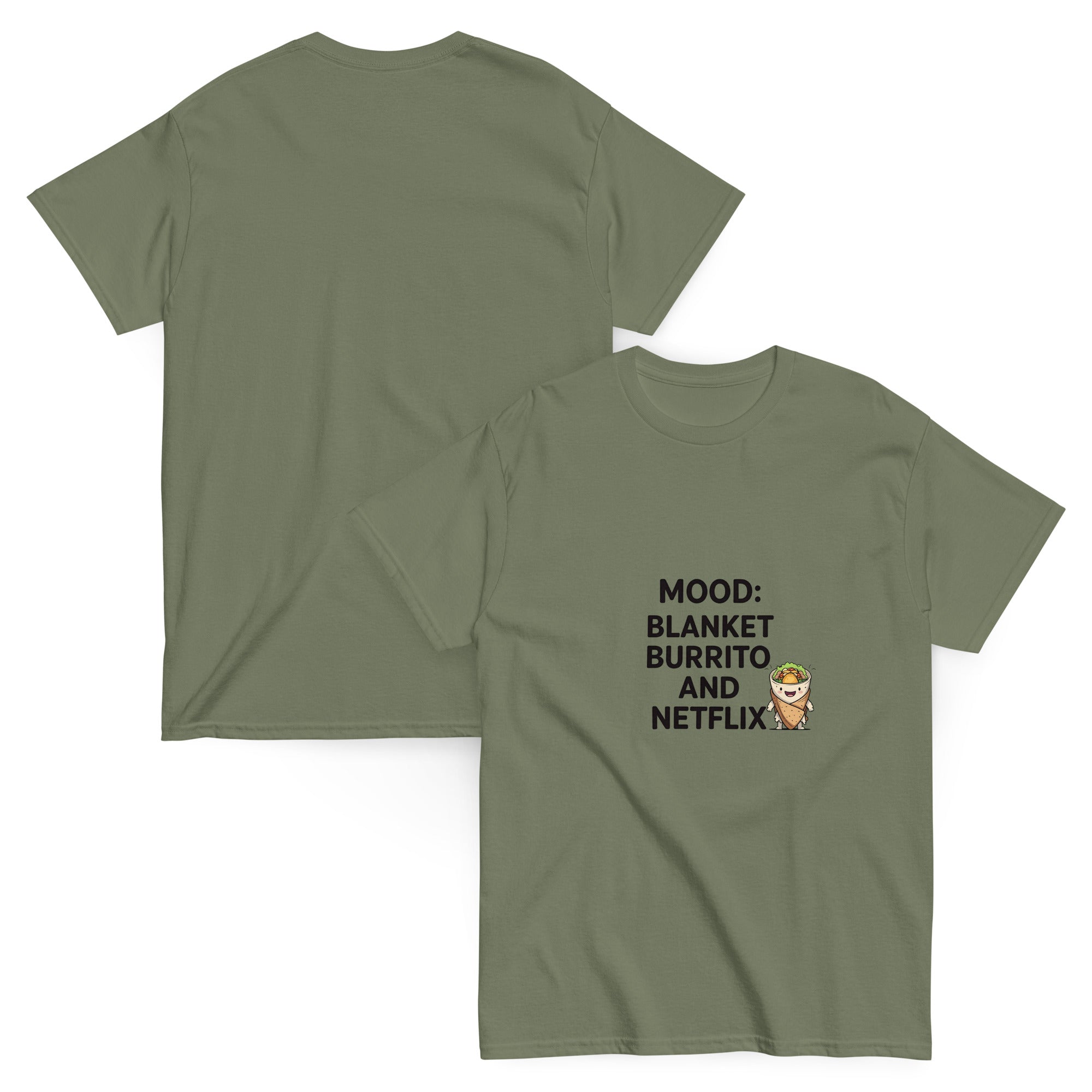 Green t-shirt with text and graphic on front, back view shown