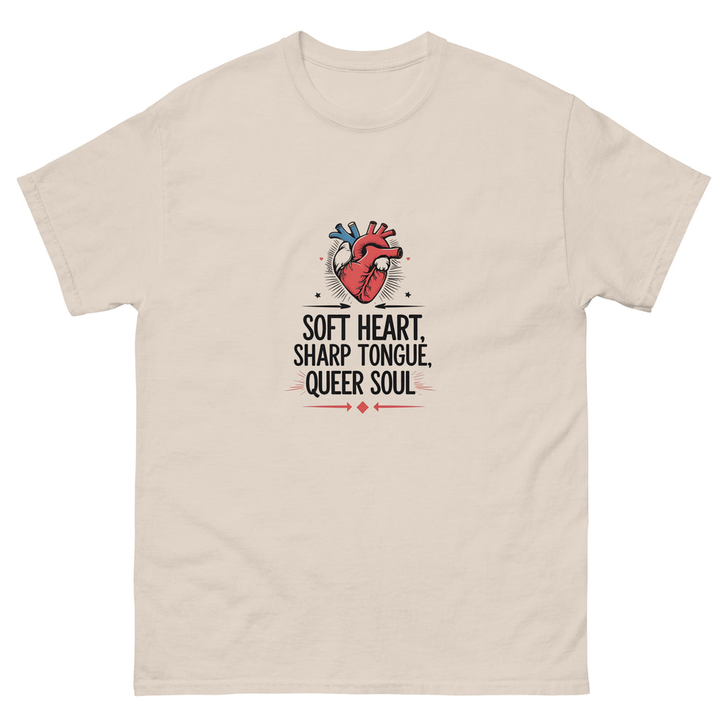 Close-up of Soft Heart, Sharp Tongue, Queer Soul graphic on soft cotton fabric