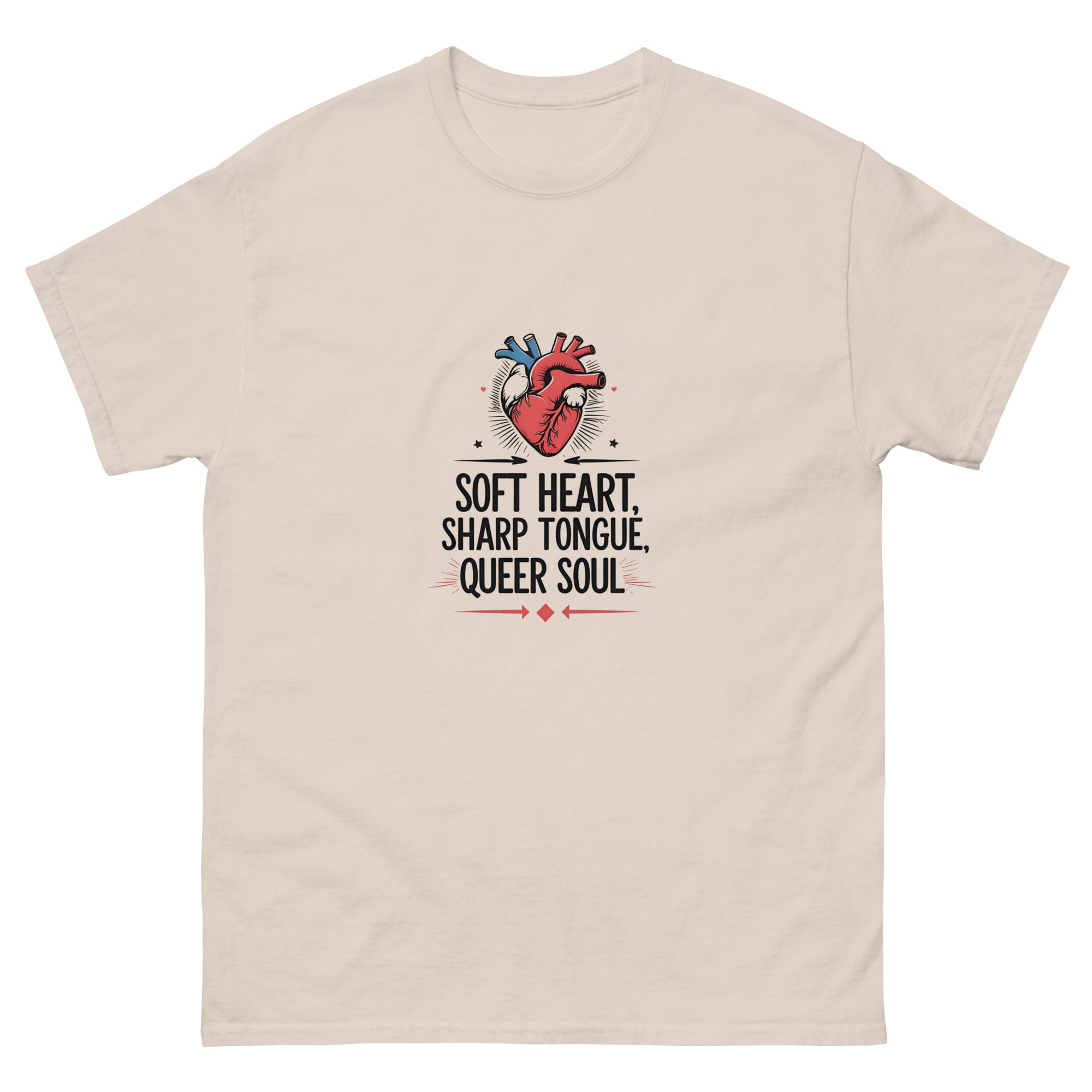 Close-up of Soft Heart, Sharp Tongue, Queer Soul graphic on soft cotton fabric