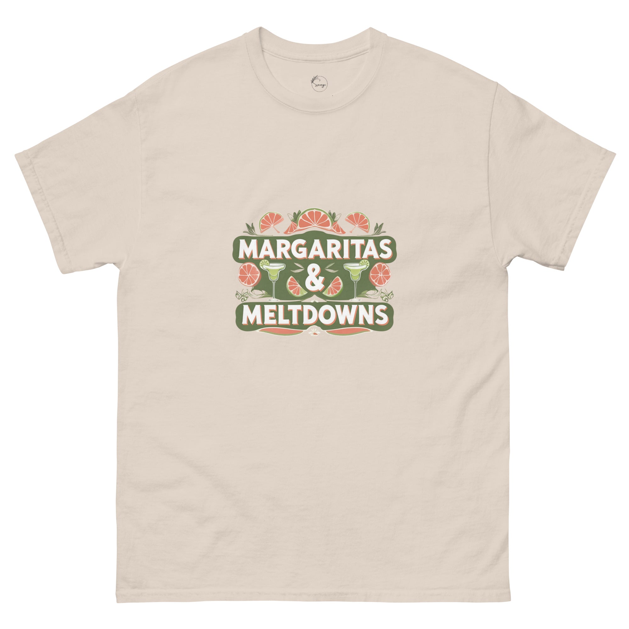 Model wearing Margaritas & Meltdowns slogan T-shirt by Savage Cotton in soft lime green, styled with sunglasses and bold lipstick for summer