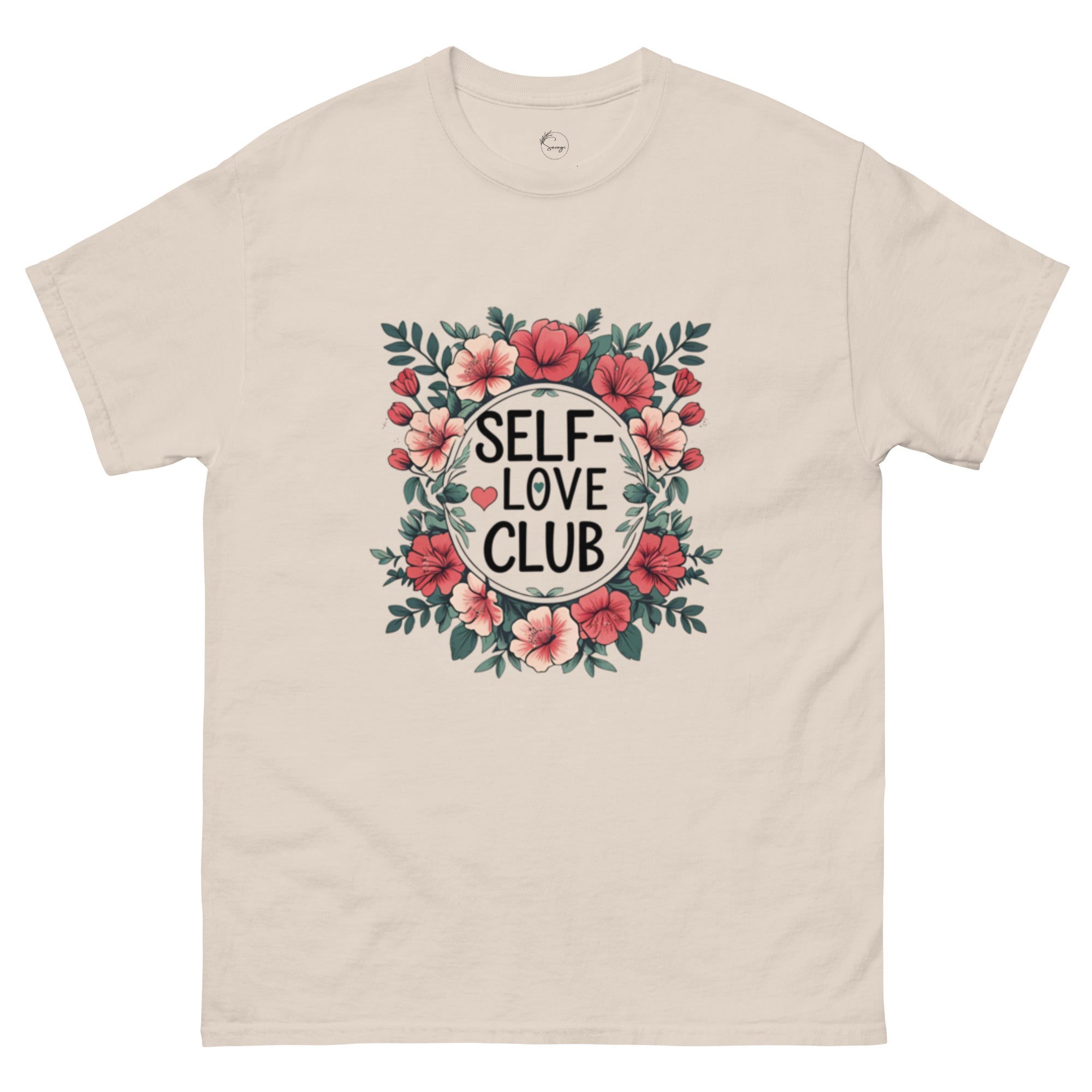Woman wearing a "Love Yourself First" T-shirt in soft cotton, smiling confidently outdoors.
