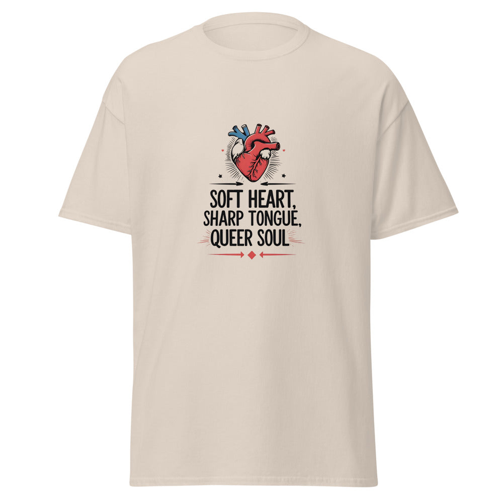 Beige t-shirt with a graphic of a heart and text on a white background