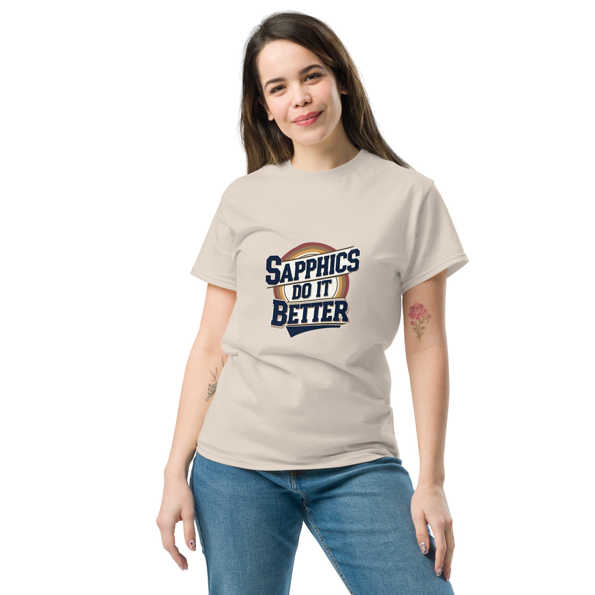 Woman wearing a beige t-shirt with 'Sapphics Do It Better' text on a white background