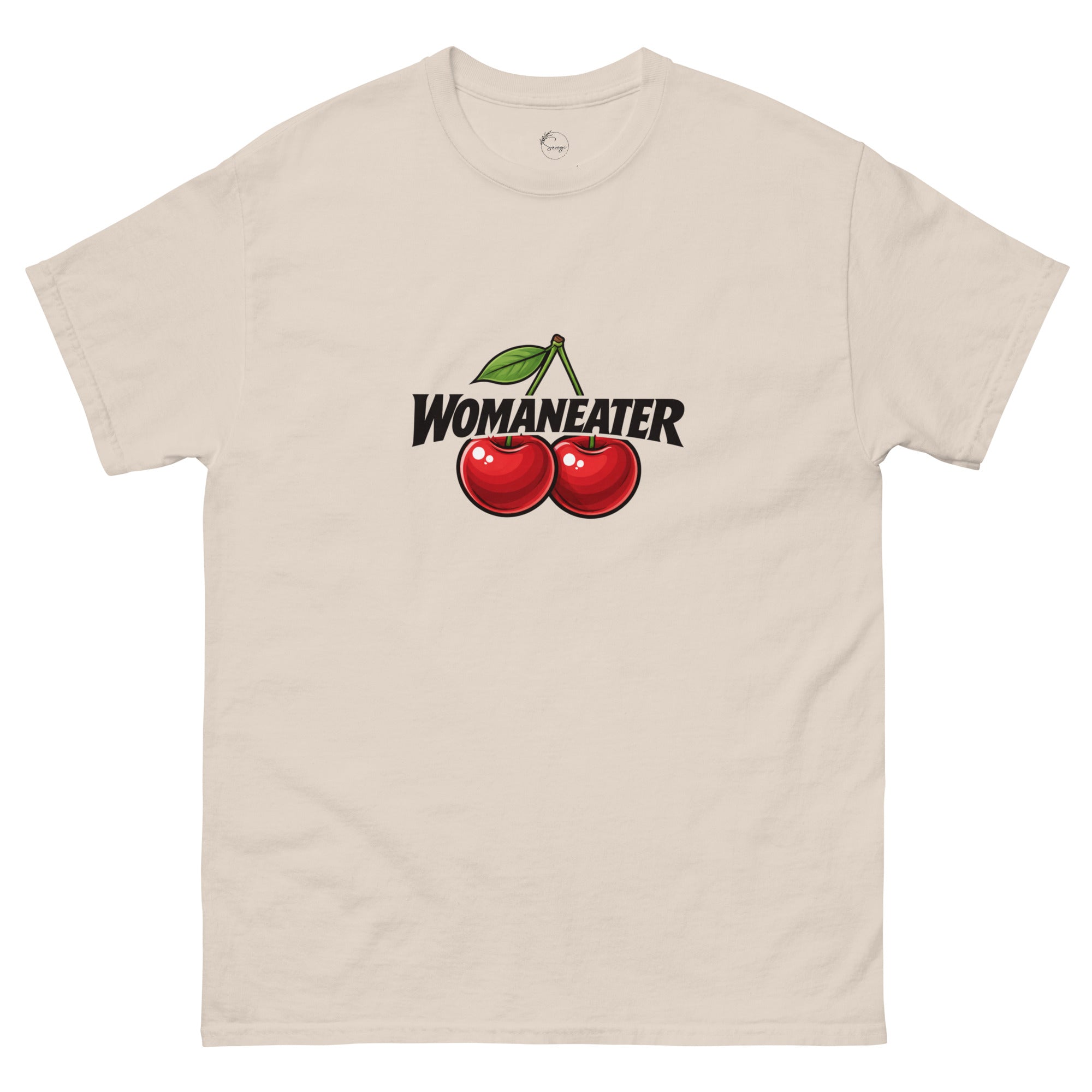 Womaneater slogan printed on a unisex t-shirt with bold black typography and playful sapphic design elements