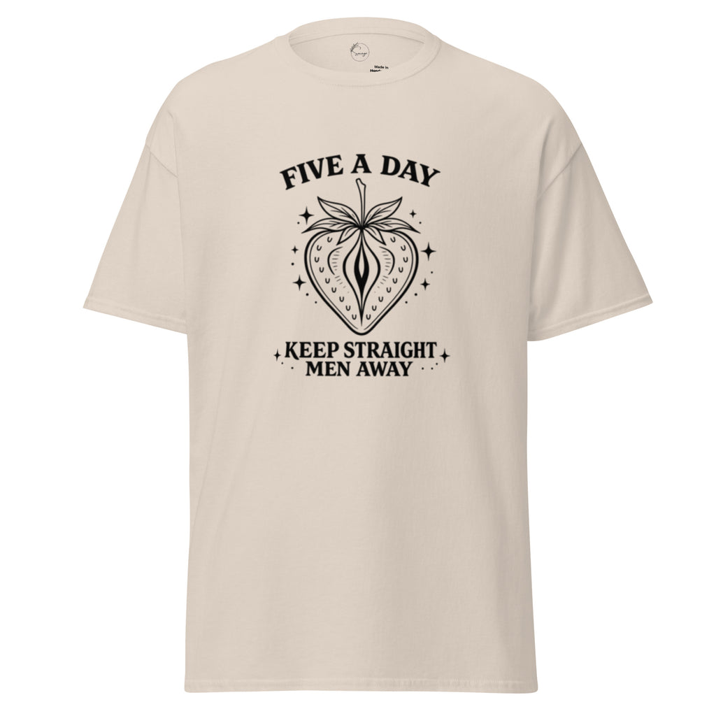 Beige t-shirt with black graphic and text on a white background