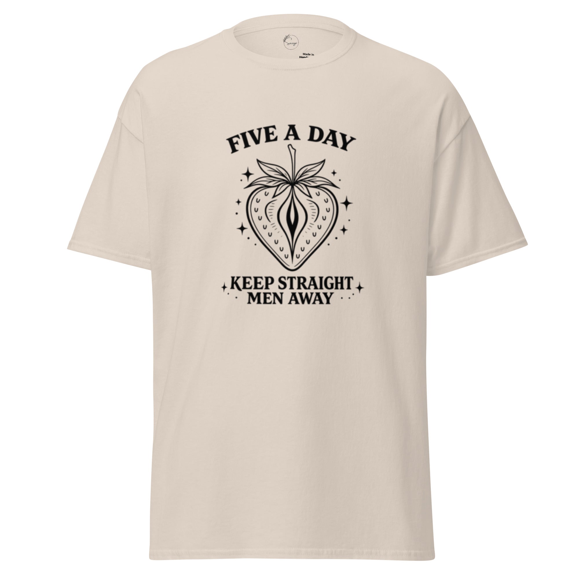 Beige t-shirt with black graphic and text on a white background