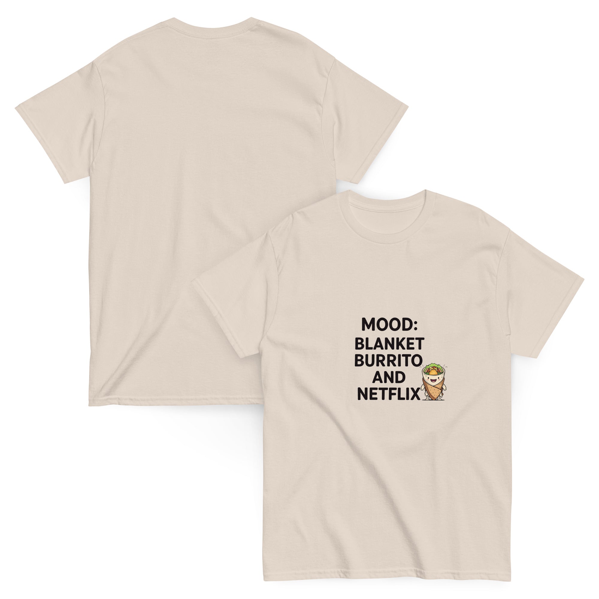 Beige t-shirt with text and graphic on a white background