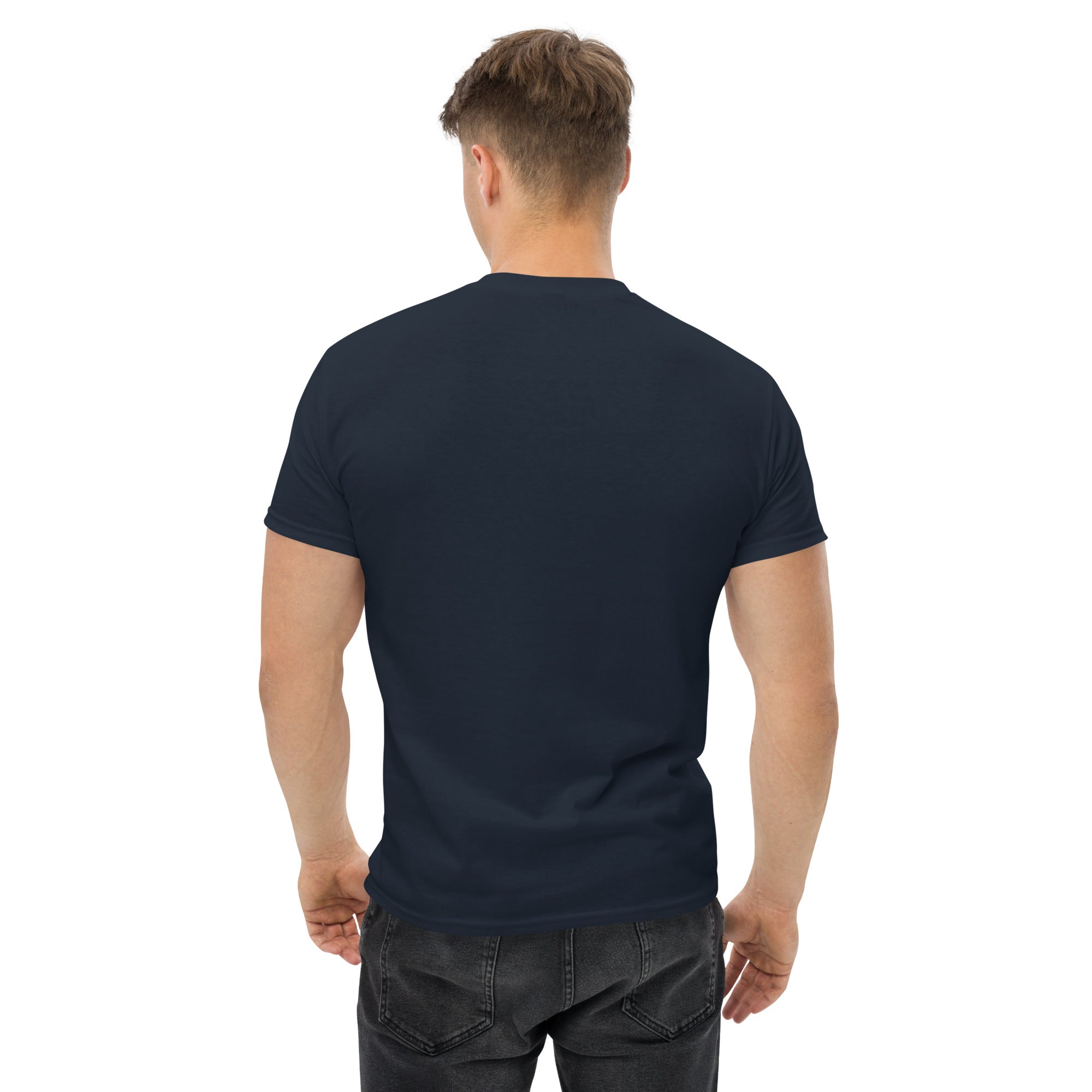 Man wearing a plain navy blue t-shirt on a white background
