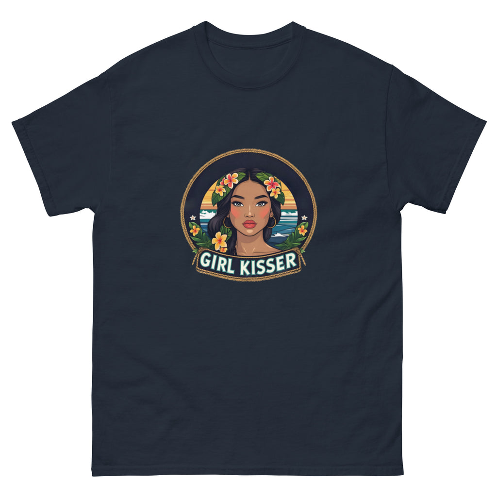 Close-up of Girl Kisser Holiday Tee graphic on soft cotton fabric