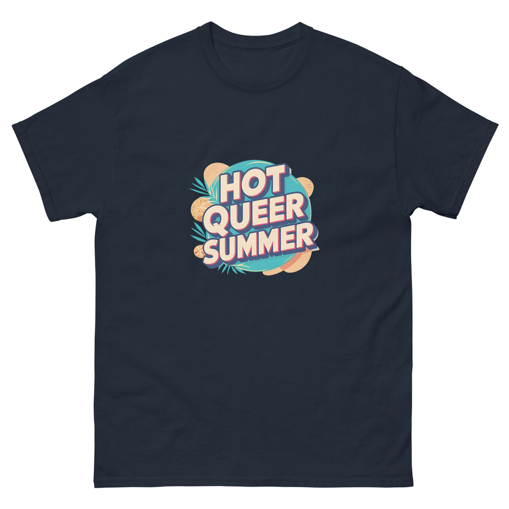 Model wearing Hot Queer Summer slogan T-shirt by Savage Cotton in bright coral, styled with sunglasses and rainbow accessories