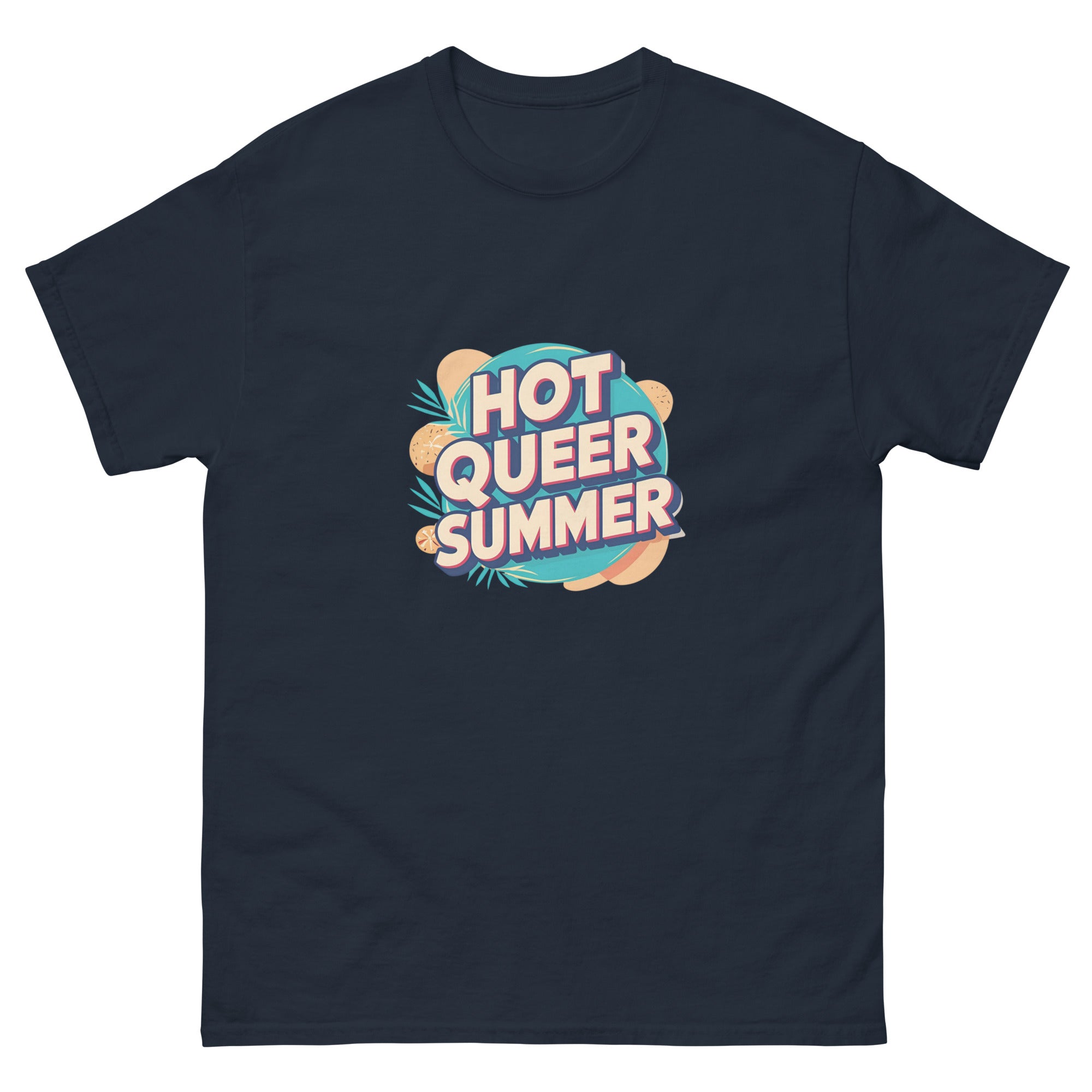 Model wearing Hot Queer Summer slogan T-shirt by Savage Cotton in bright coral, styled with sunglasses and rainbow accessories