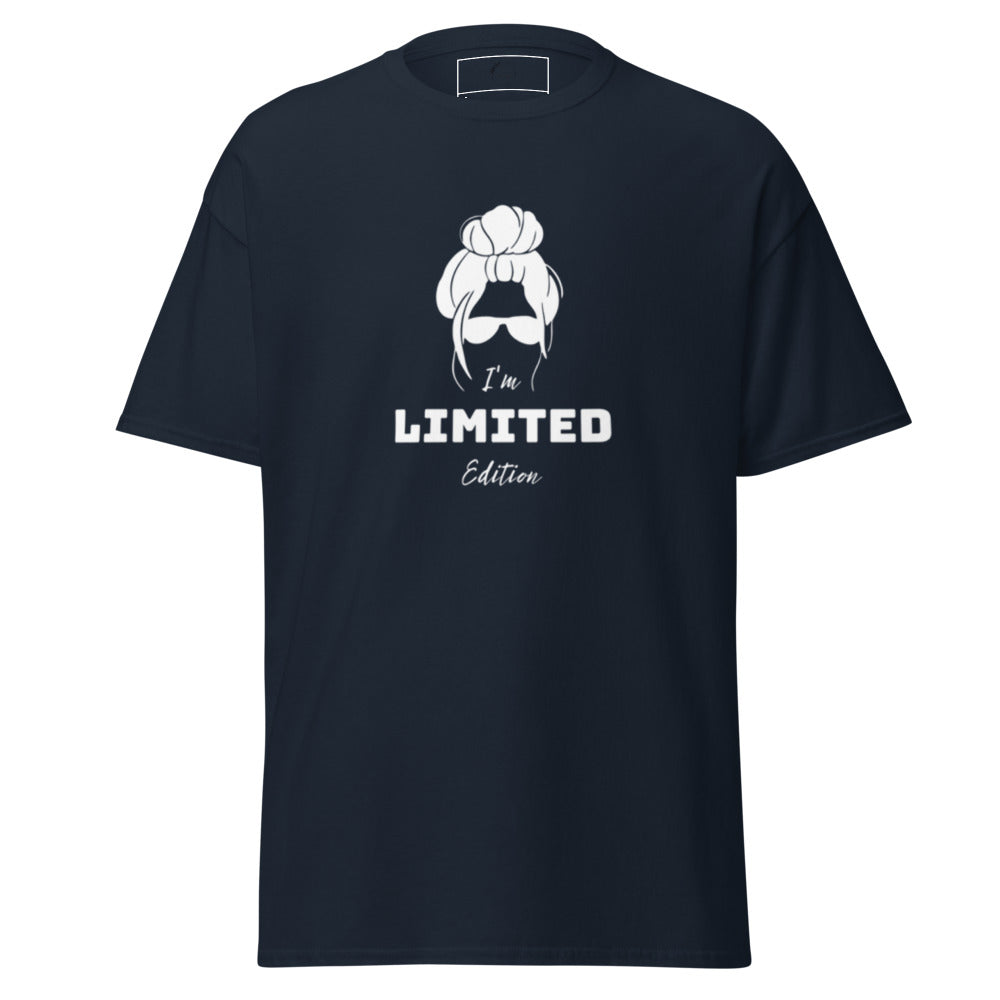 Black t-shirt with white graphic and text on a white background
