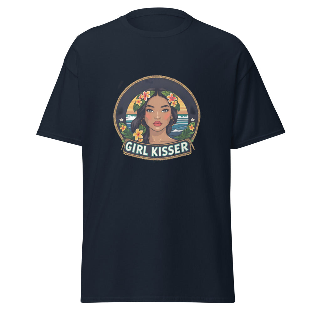 Black t-shirt with a graphic of a woman's face and 'Girl Kisser' text on a white background