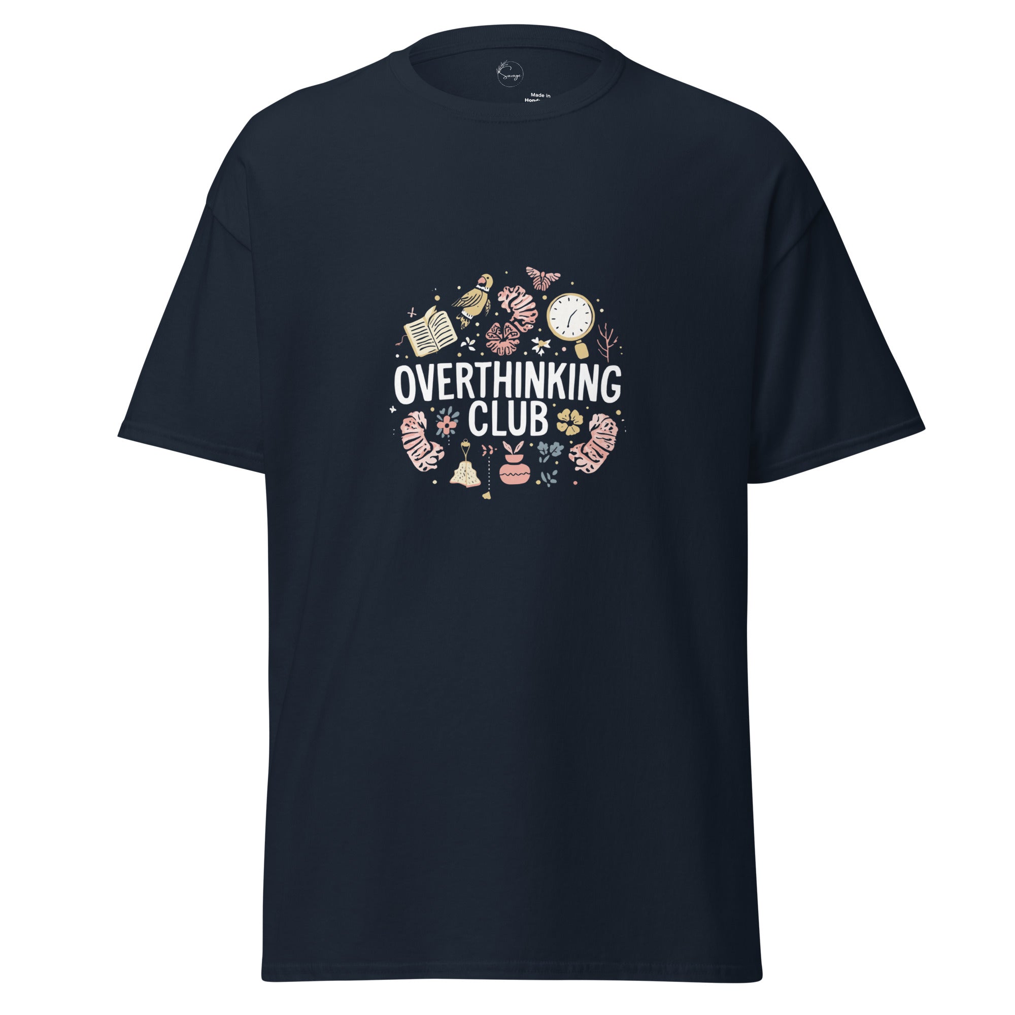 Black t-shirt with 'Overthinking Club' graphic design on a white background