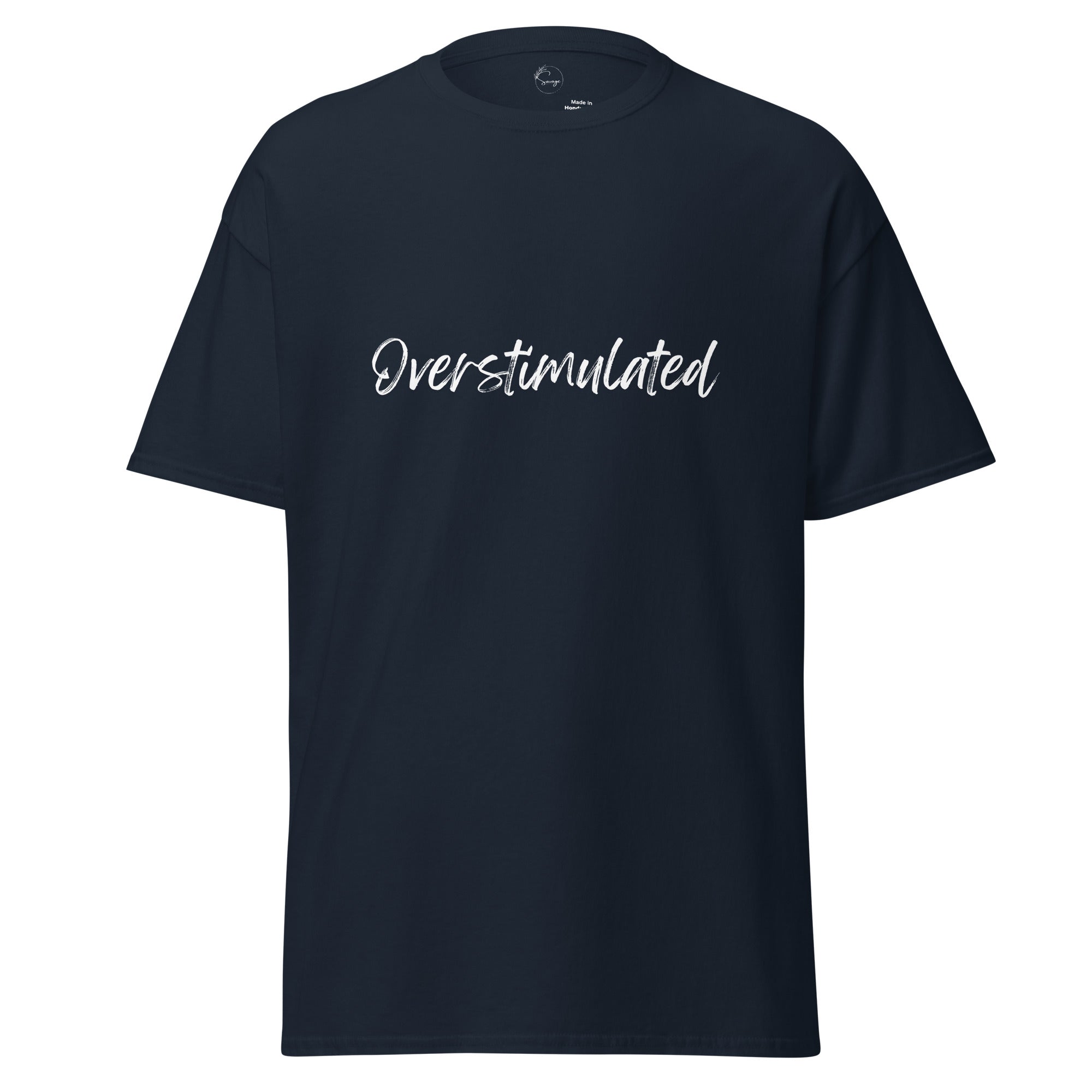 Oversized Overstimulated t-shirt styled casually, expressive mental health slogan fashion