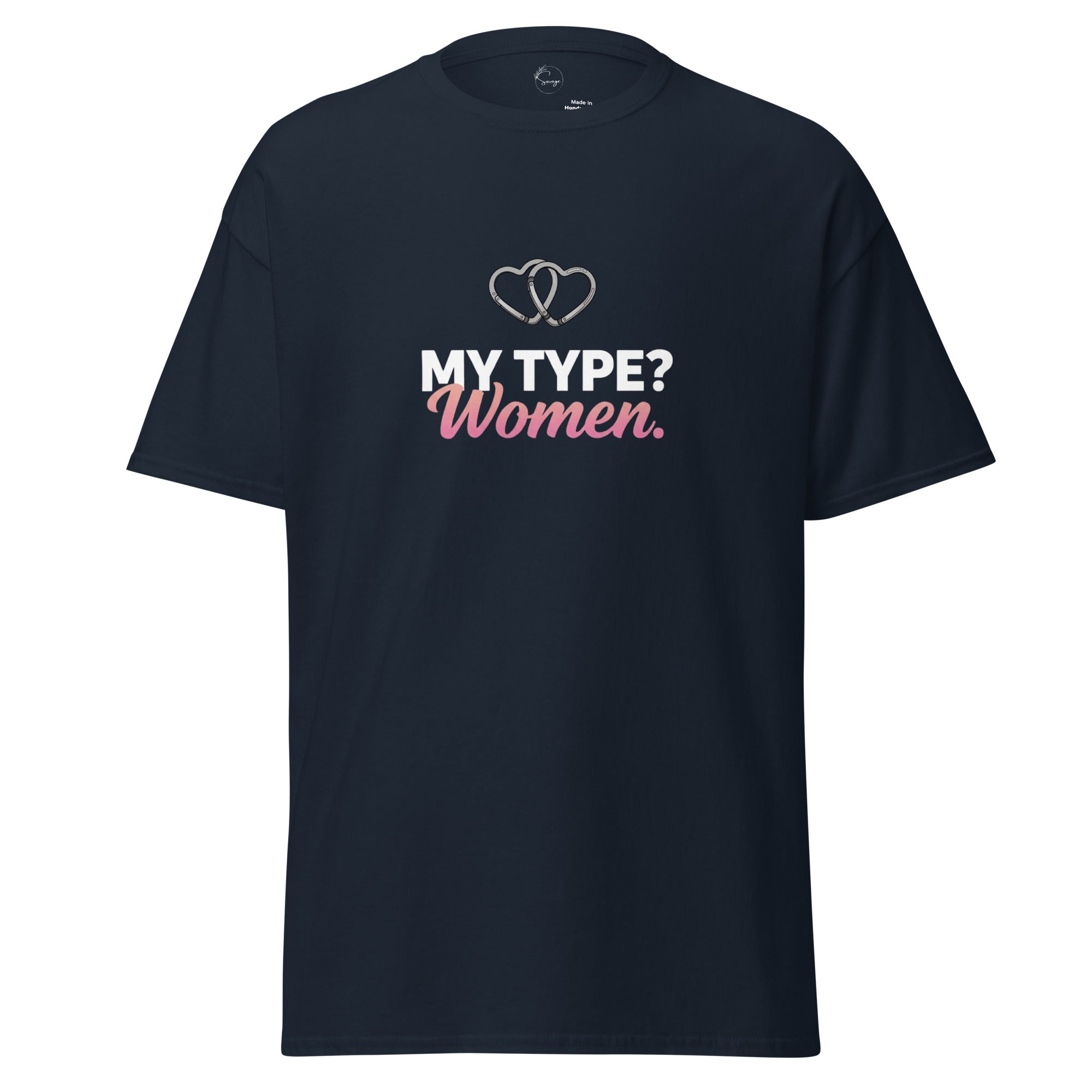 Black t-shirt with white text on a white background
