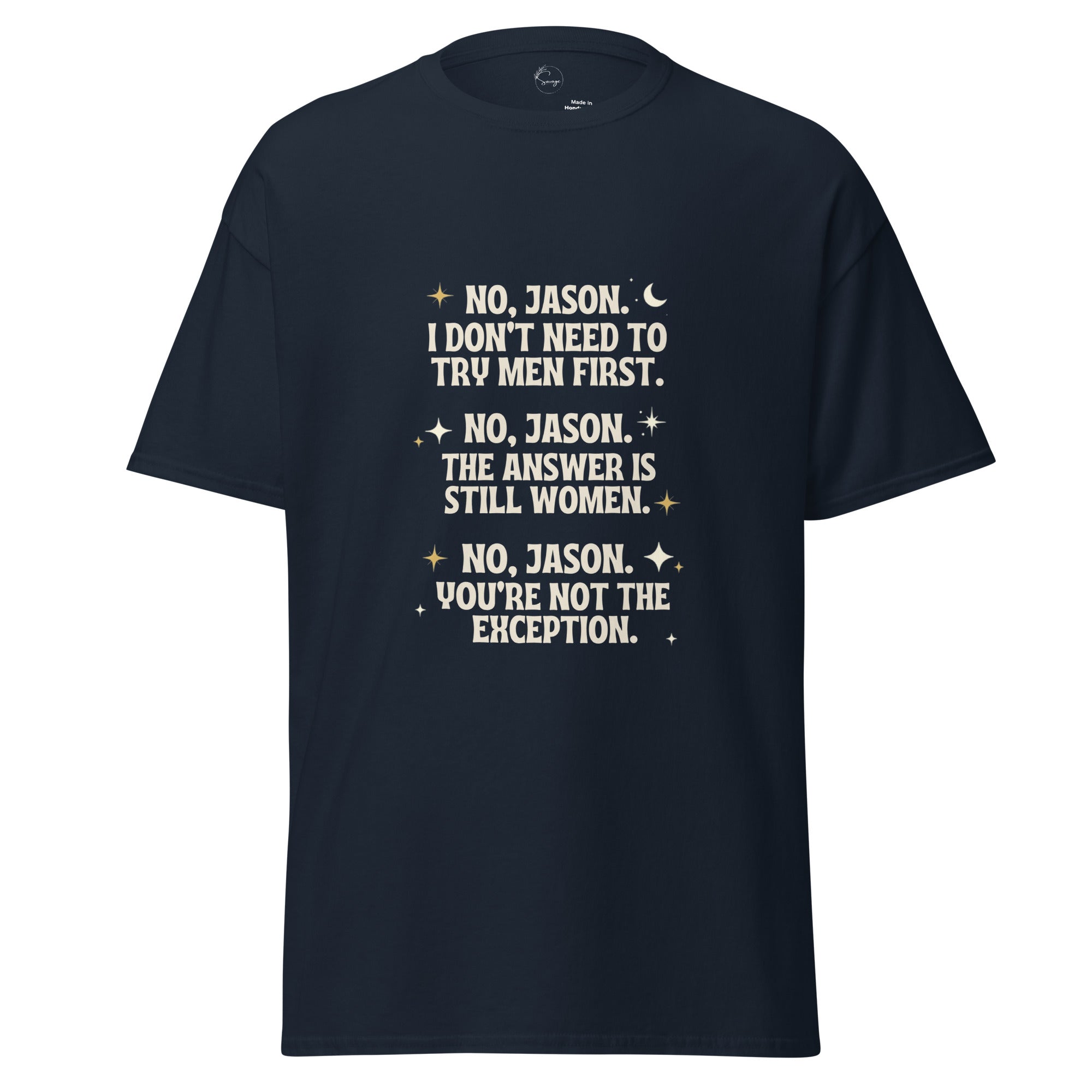 Black t-shirt with white graphic design and text on a white background