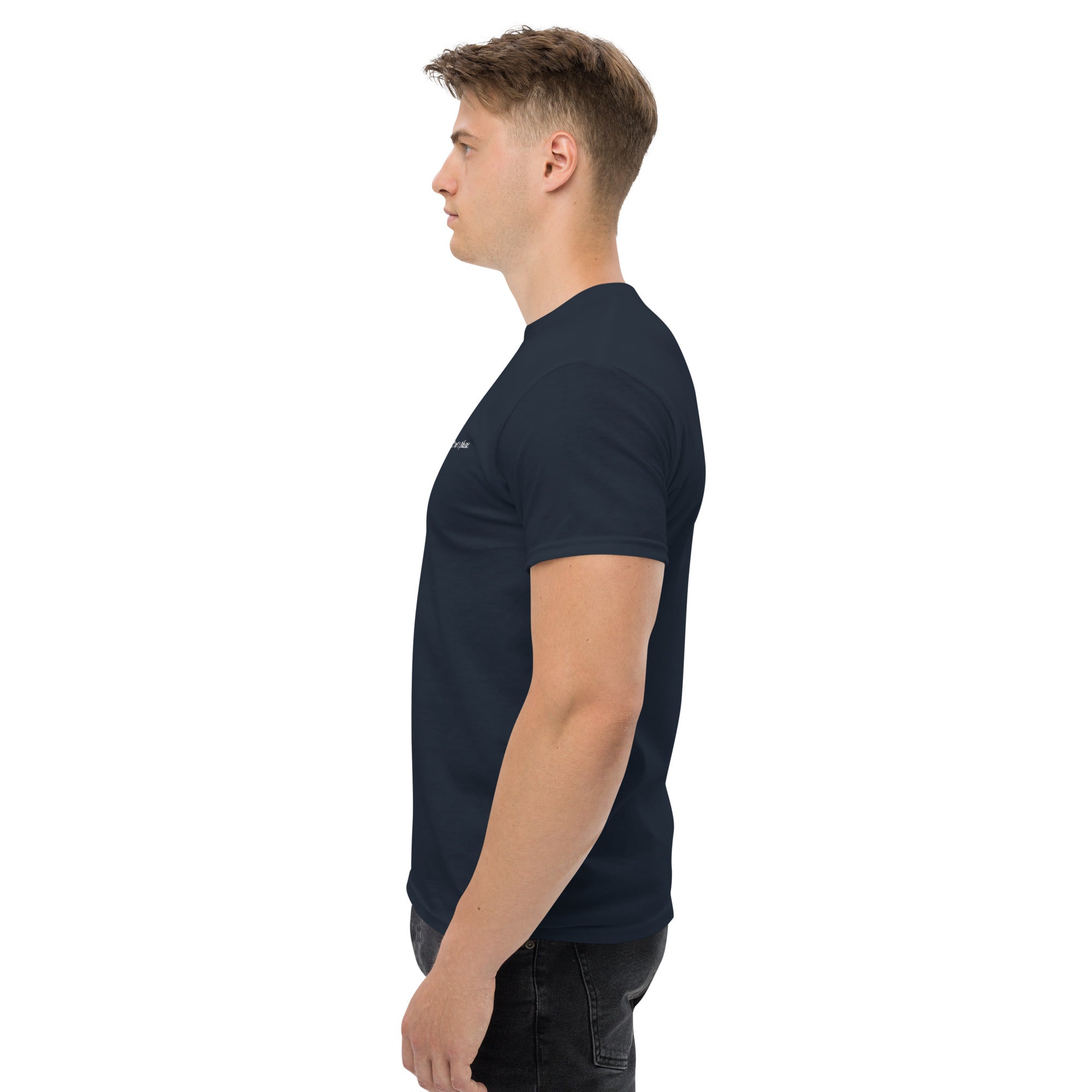 Man wearing a navy blue t-shirt on a white background