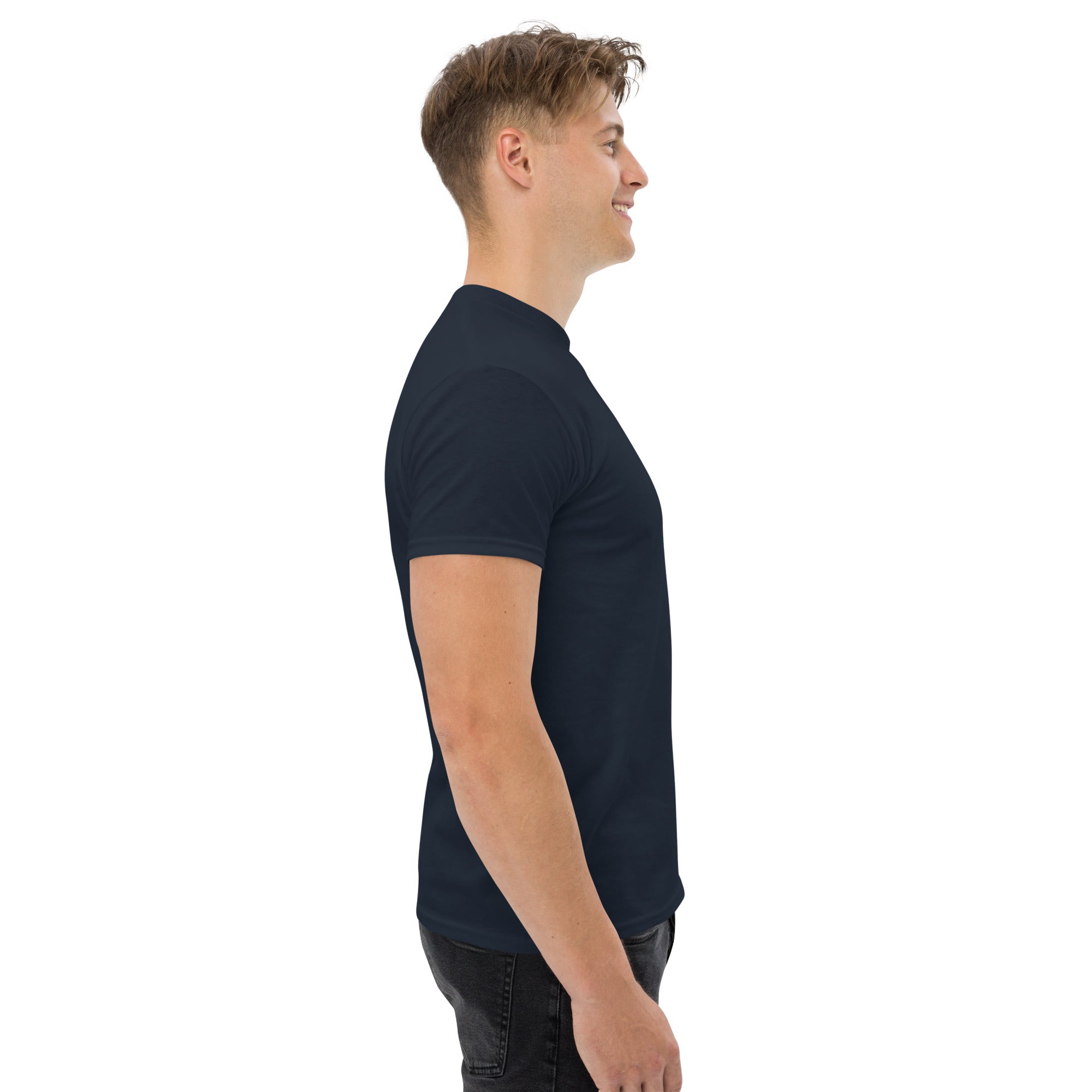 Man wearing a navy blue t-shirt on a white background