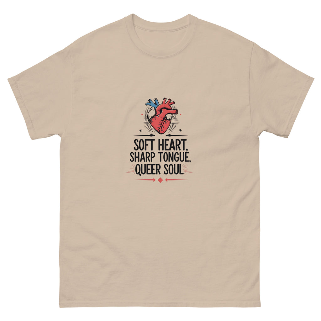 Close-up of Soft Heart, Sharp Tongue, Queer Soul graphic on soft cotton fabric