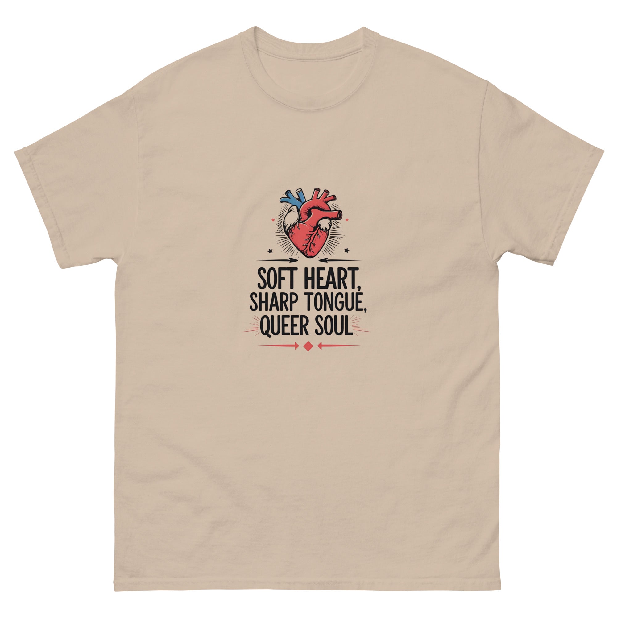 Close-up of Soft Heart, Sharp Tongue, Queer Soul graphic on soft cotton fabric