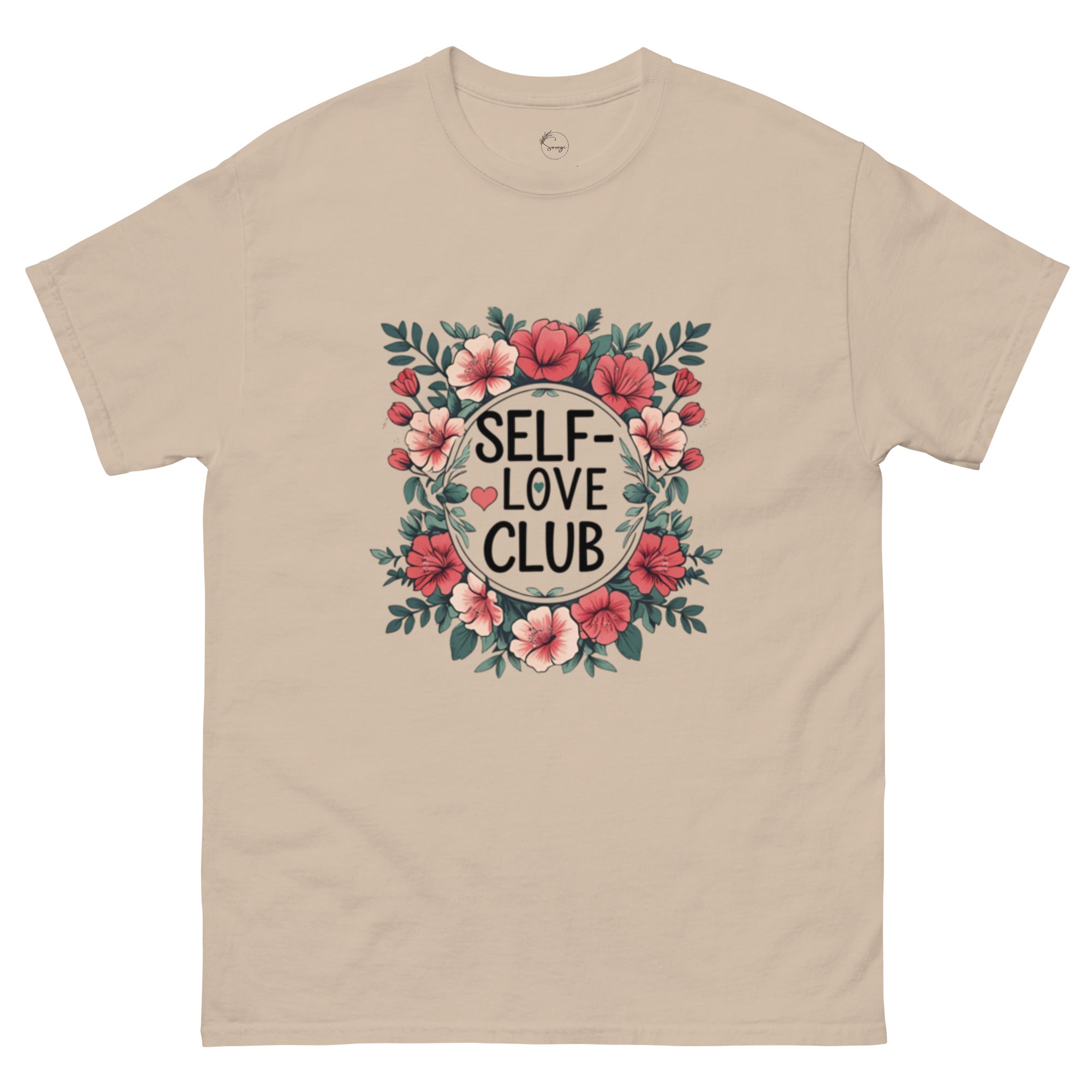 Woman wearing a "Love Yourself First" T-shirt in soft cotton, smiling confidently outdoors.