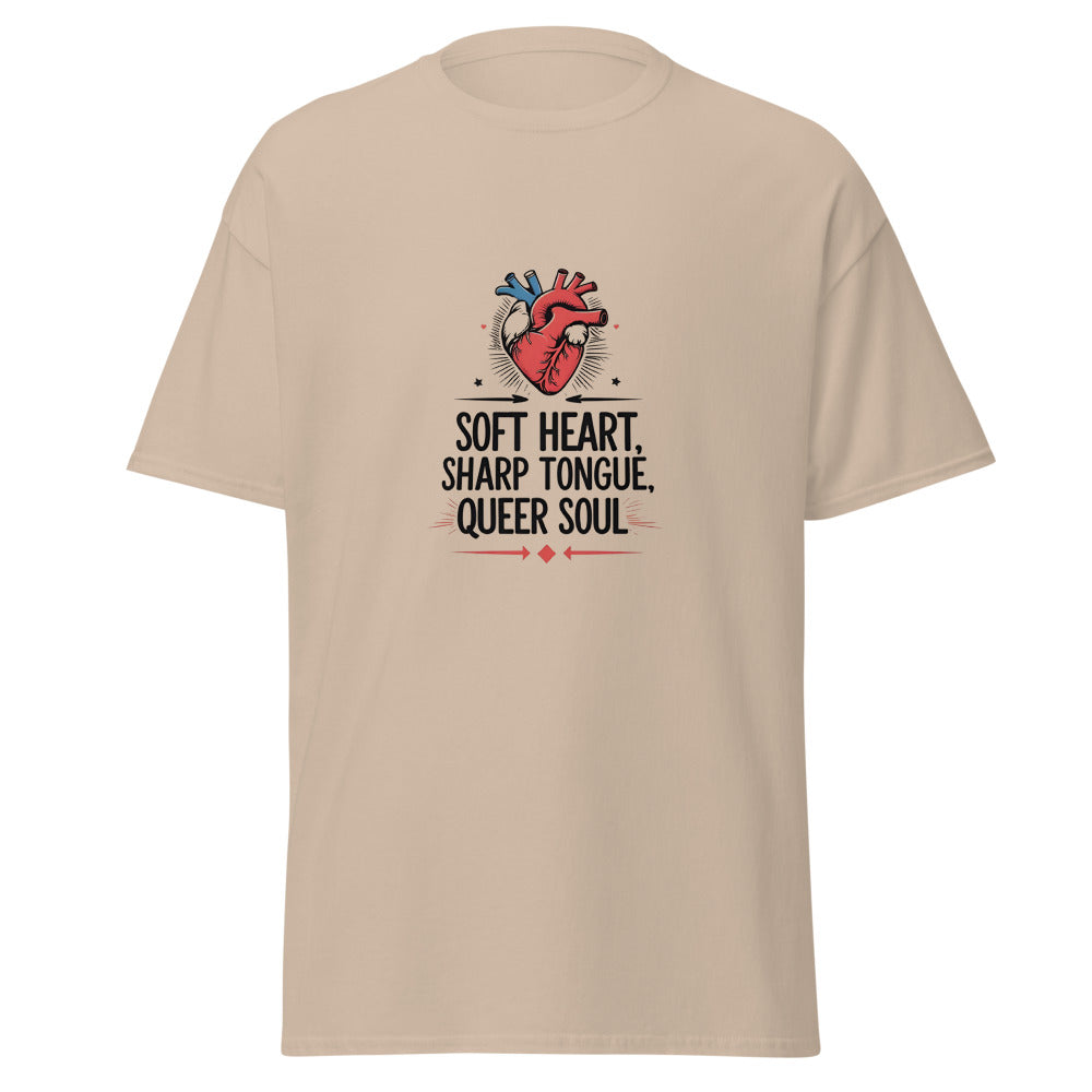 Beige t-shirt with a graphic of a heart and text on a white background