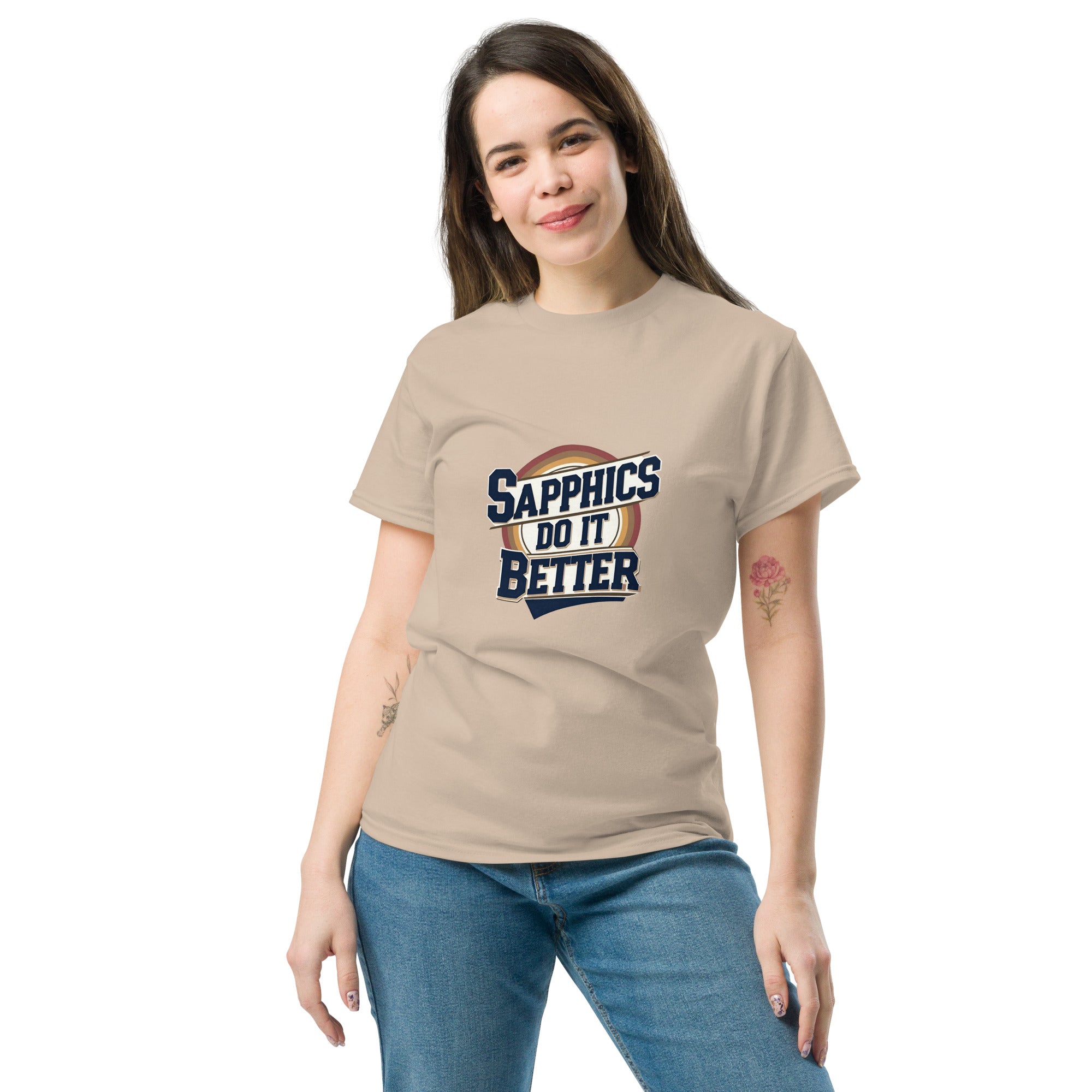 Woman wearing a beige t-shirt with 'Sapphics Do It Better' text on a white background