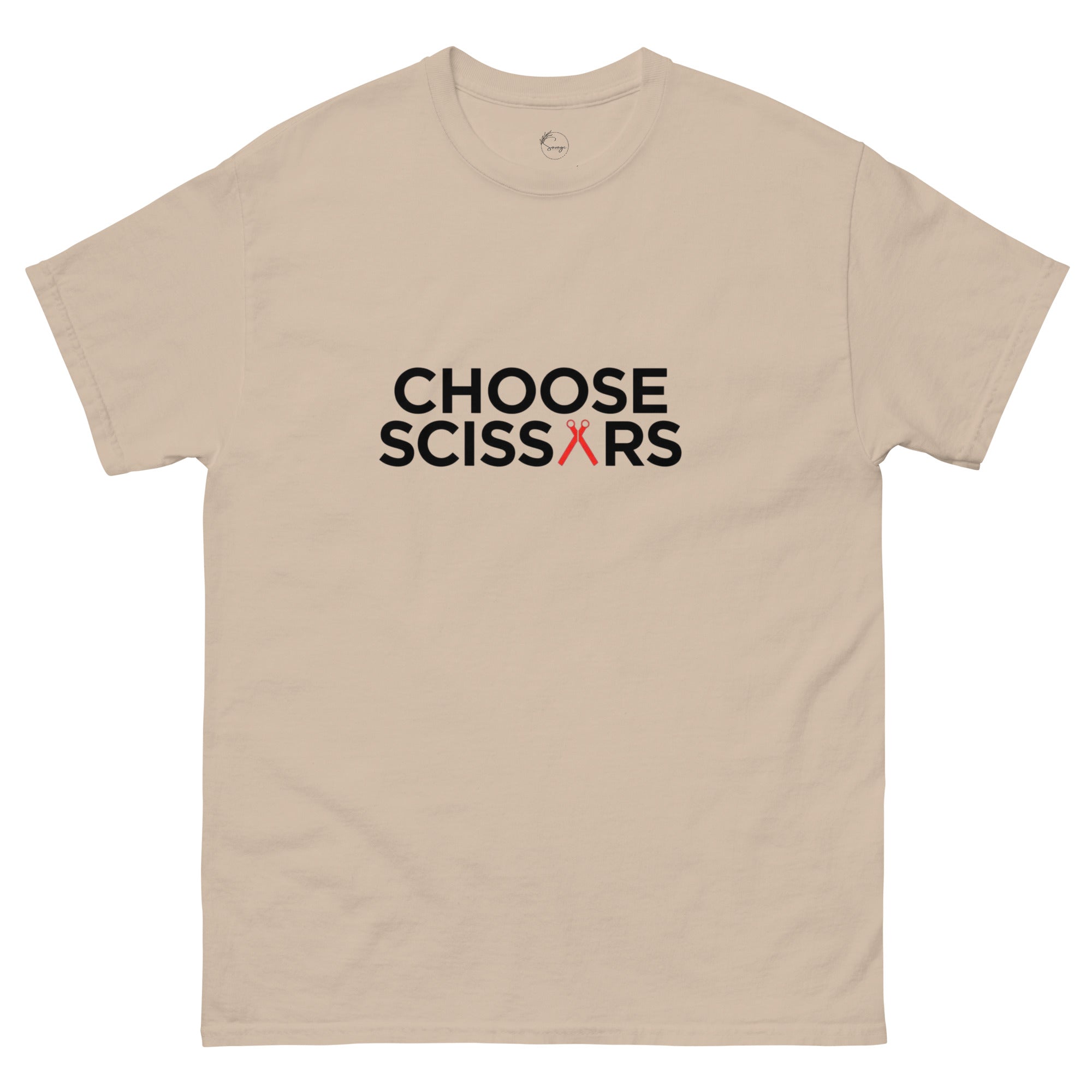 Choose Scissors slogan printed on a unisex t-shirt with minimalist typography