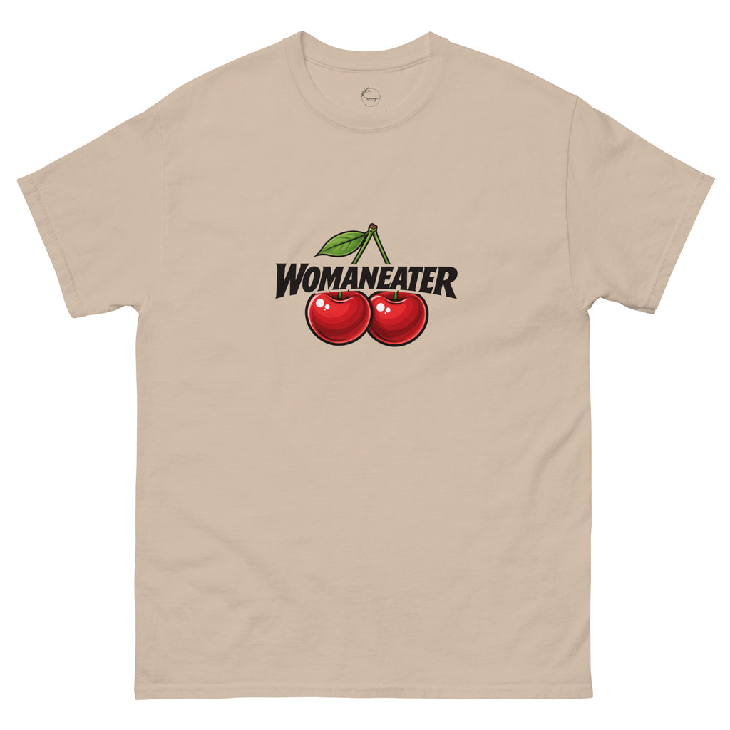 Womaneater slogan printed on a unisex t-shirt with bold black typography and playful sapphic design elements