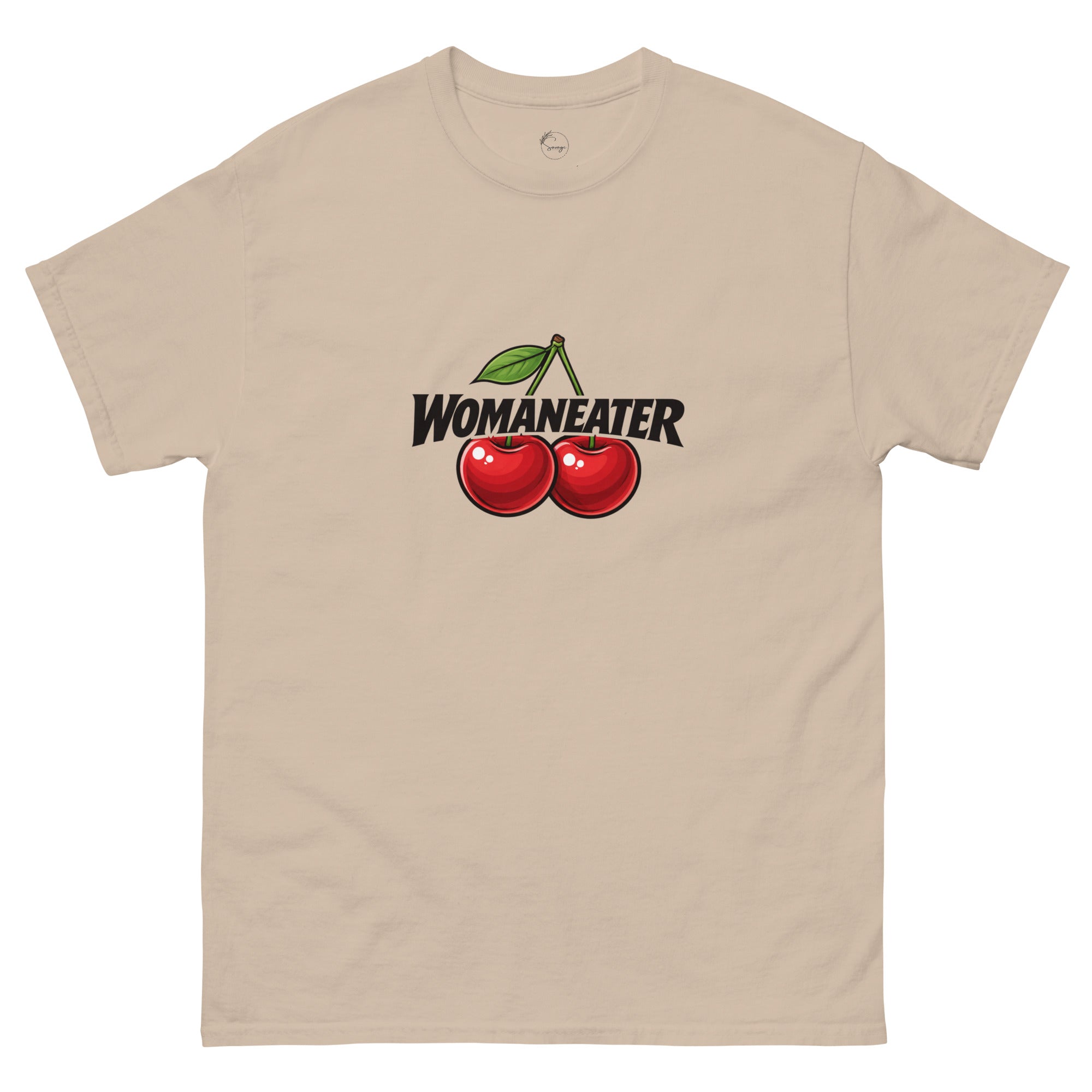 Womaneater slogan printed on a unisex t-shirt with bold black typography and playful sapphic design elements