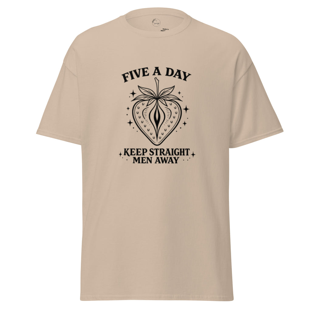 Beige t-shirt with black graphic and text on a white background