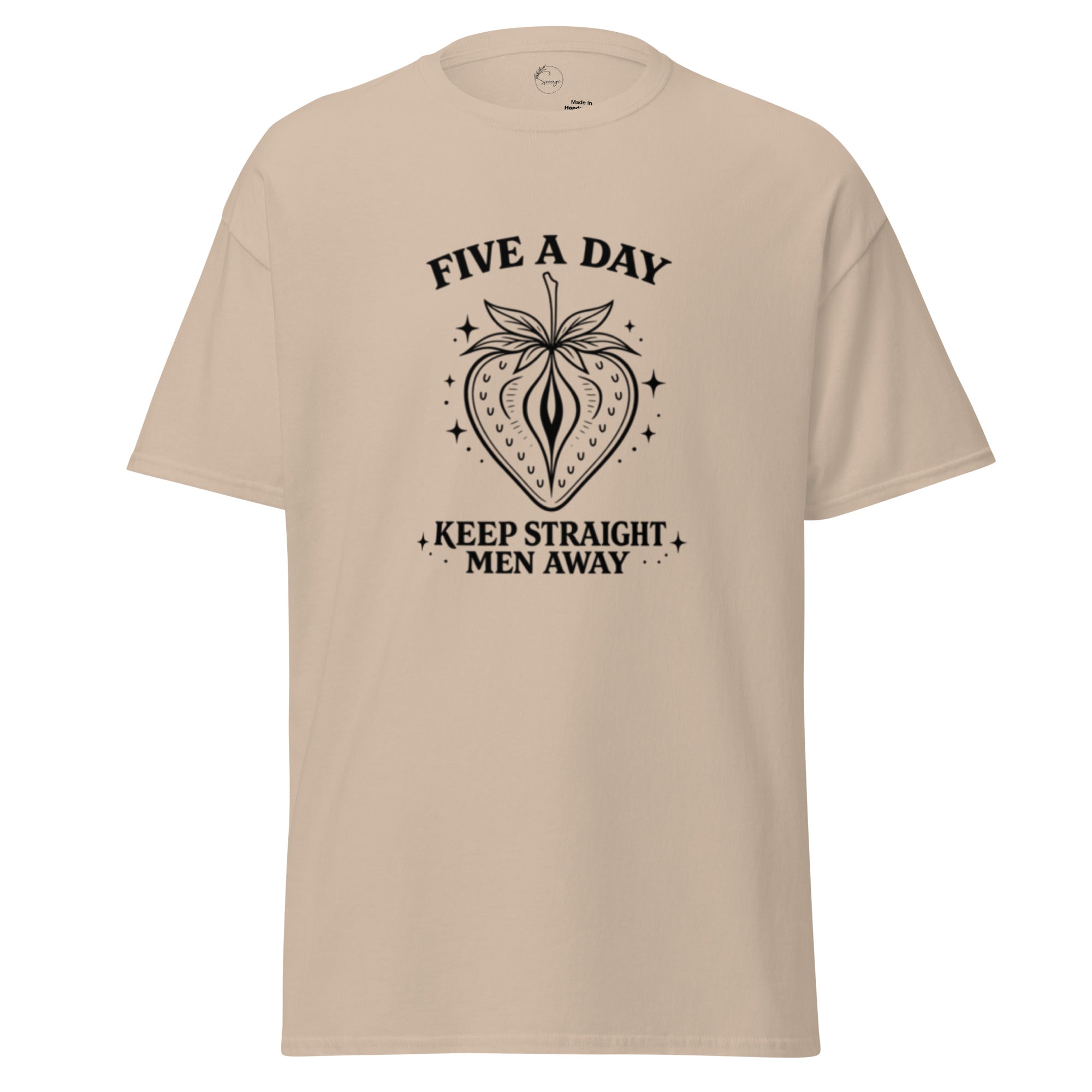 Beige t-shirt with black graphic and text on a white background