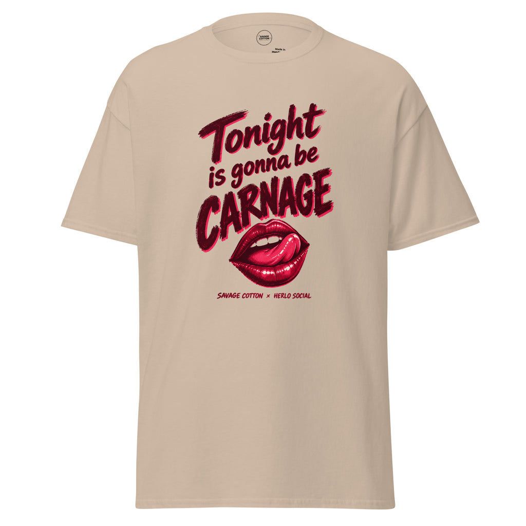 A beige crewneck t-shirt featuring a graphic print with the text 'Tonight is gonna be CARNAGE' in dark red and black, above a graphic of red lips, with 'SNAKE COTTON x HERO SOCIAL' printed below on a white background.