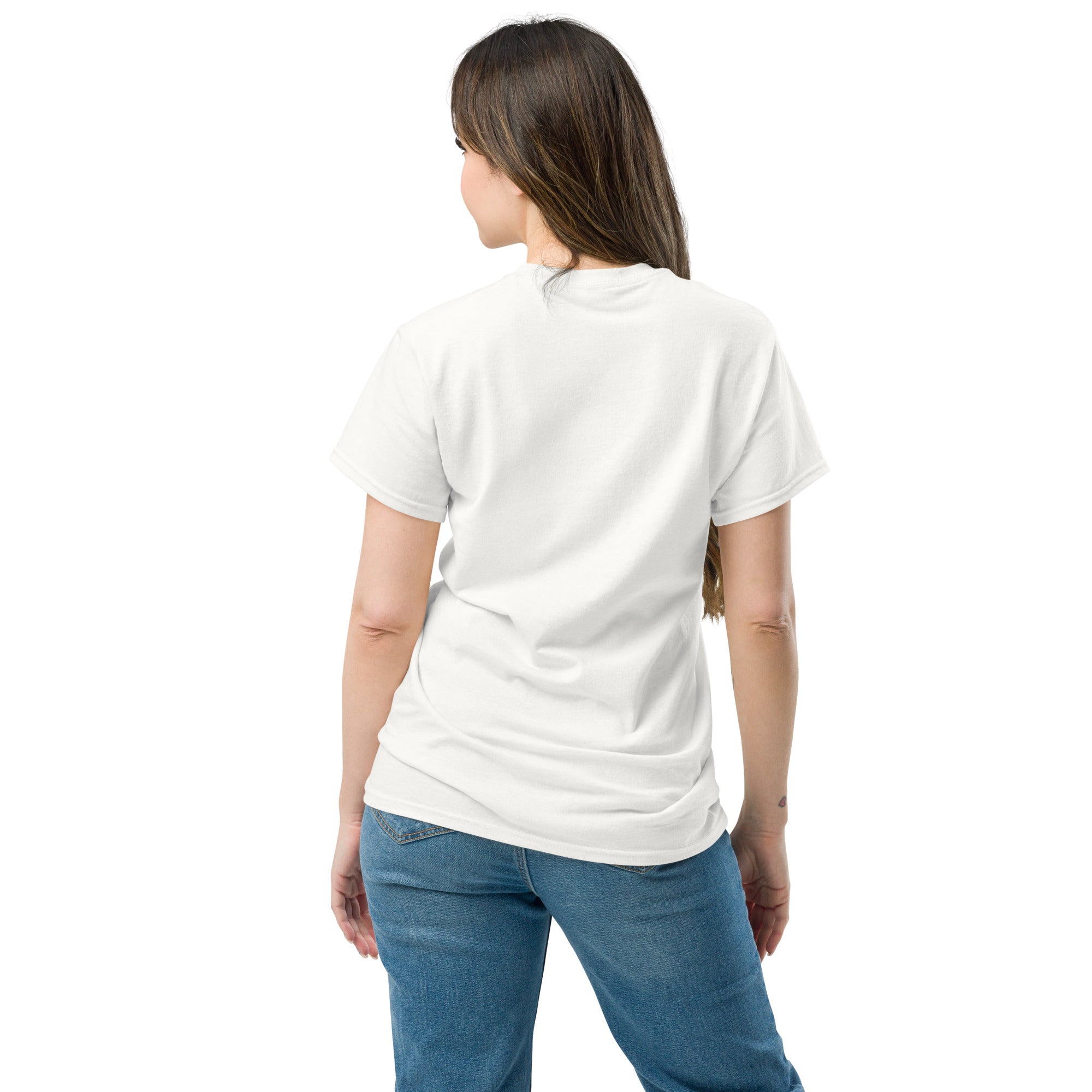 Person wearing a white t-shirt and blue jeans on a white background