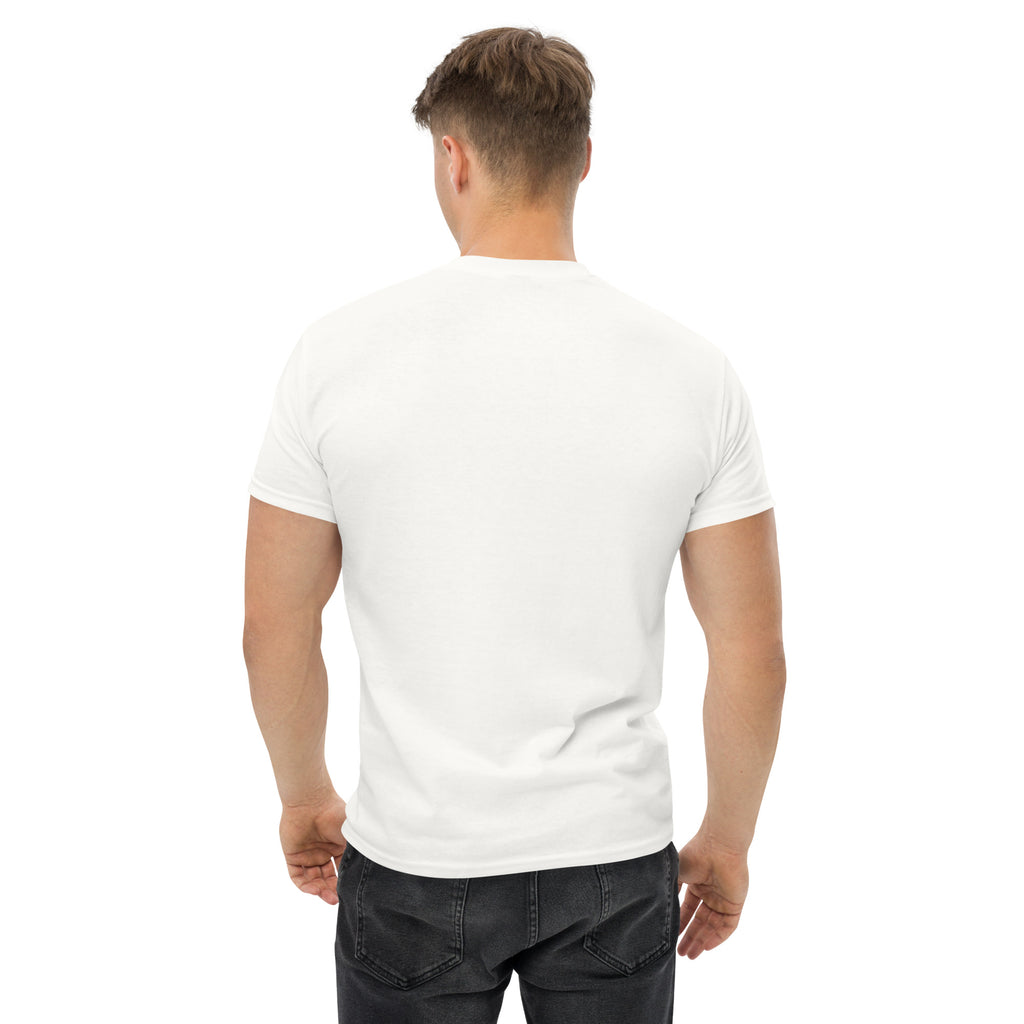 Man wearing a plain white t-shirt on a white background