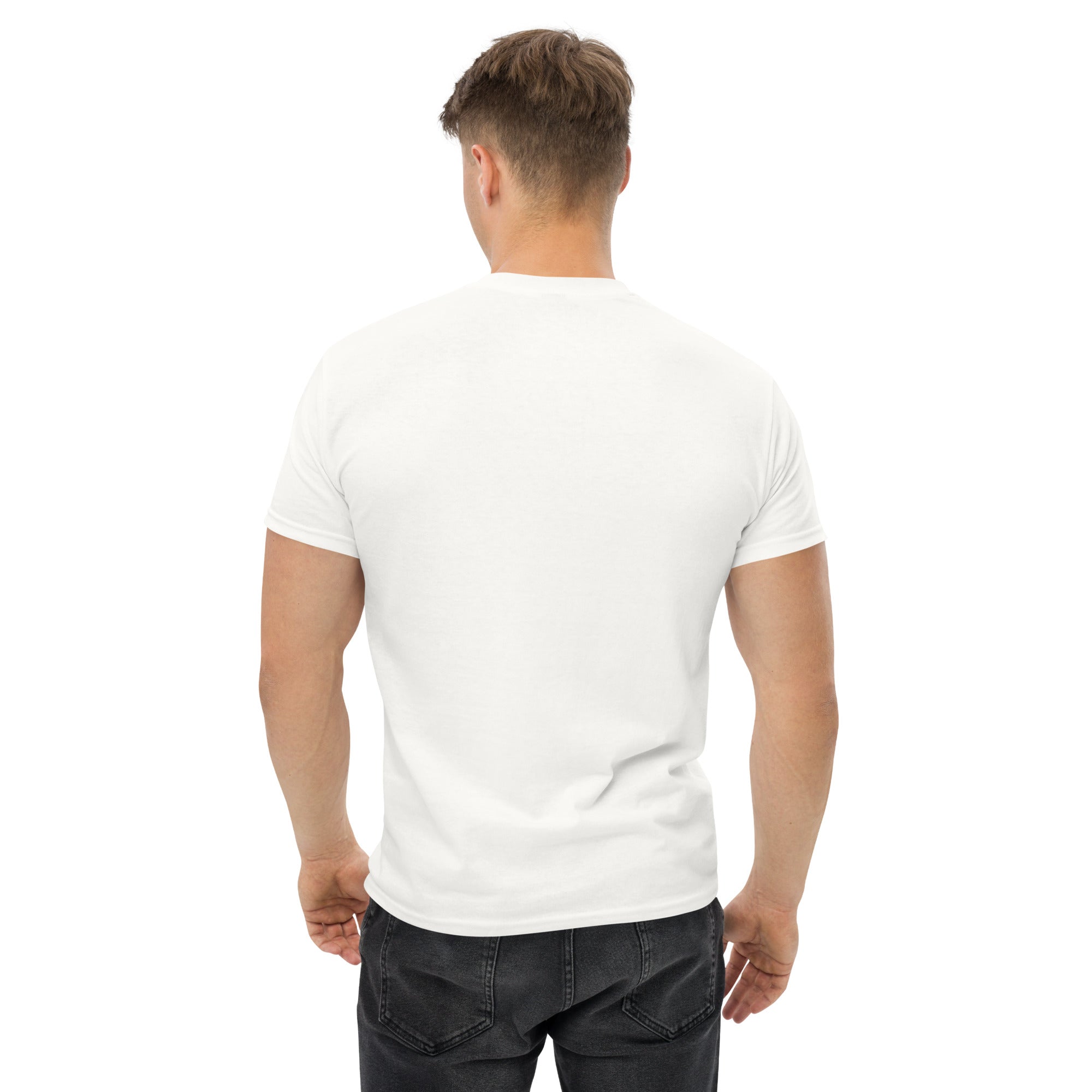 Man wearing a plain white t-shirt on a white background